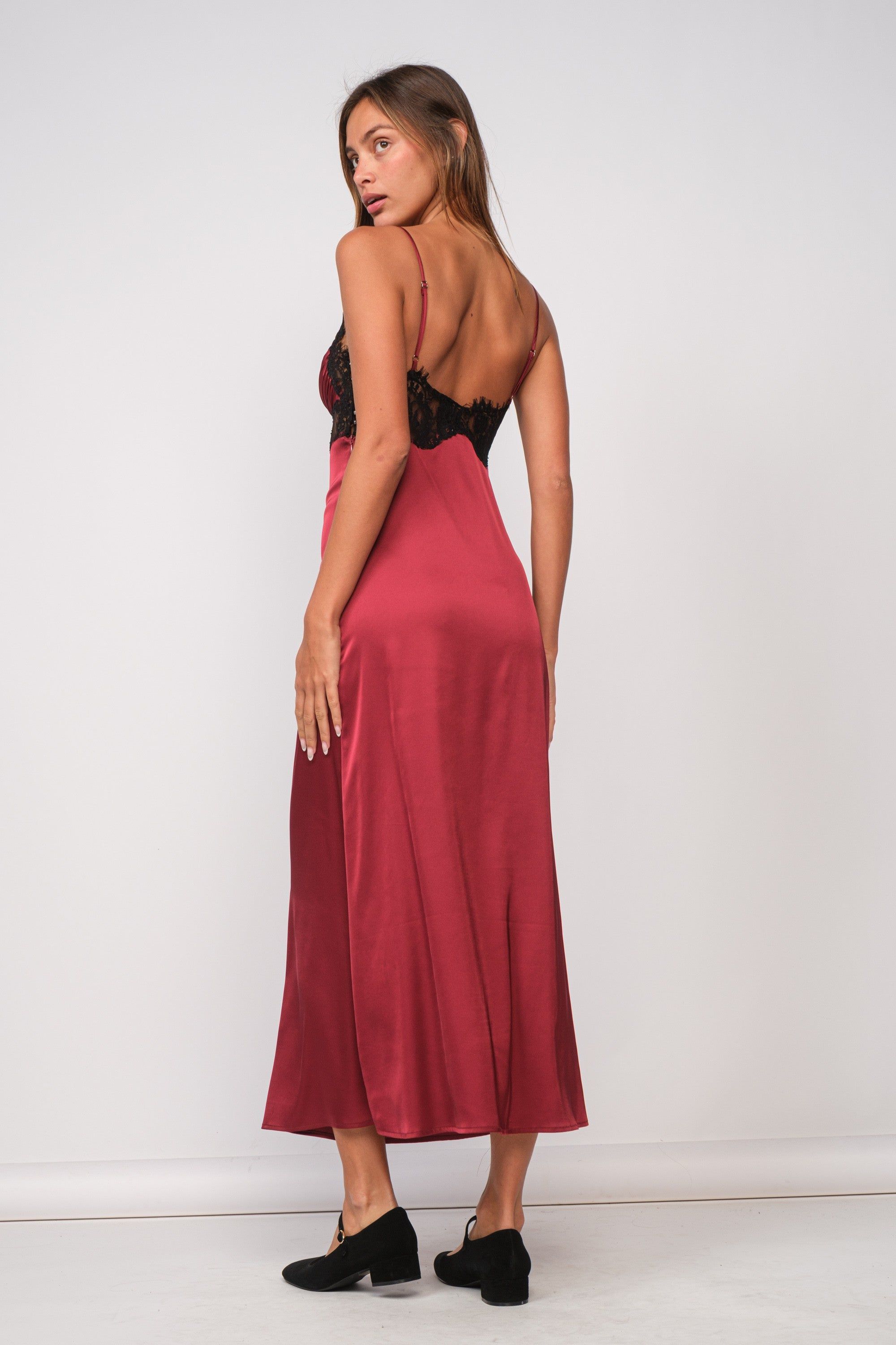 Burgundy Satin Lace Midi Dress sold by Pinkblush product image thumbnail 3