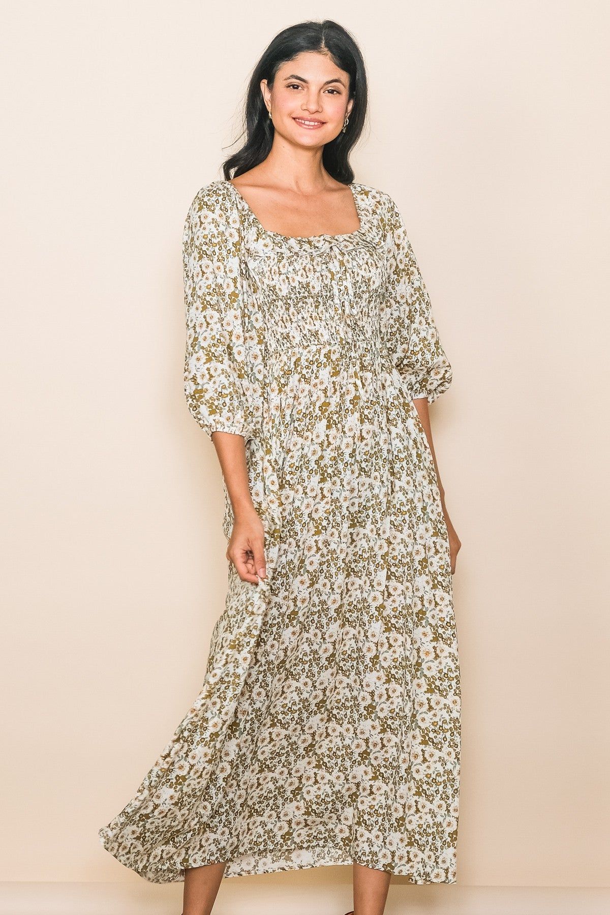 Light Olive Floral Smocked Bodice Maxi Dress sold by Pinkblush