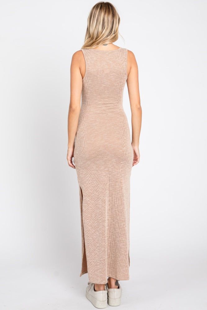 Beige Ribbed Sleeveless Side Slit Midi Dress sold by Pinkblush product image thumbnail 3