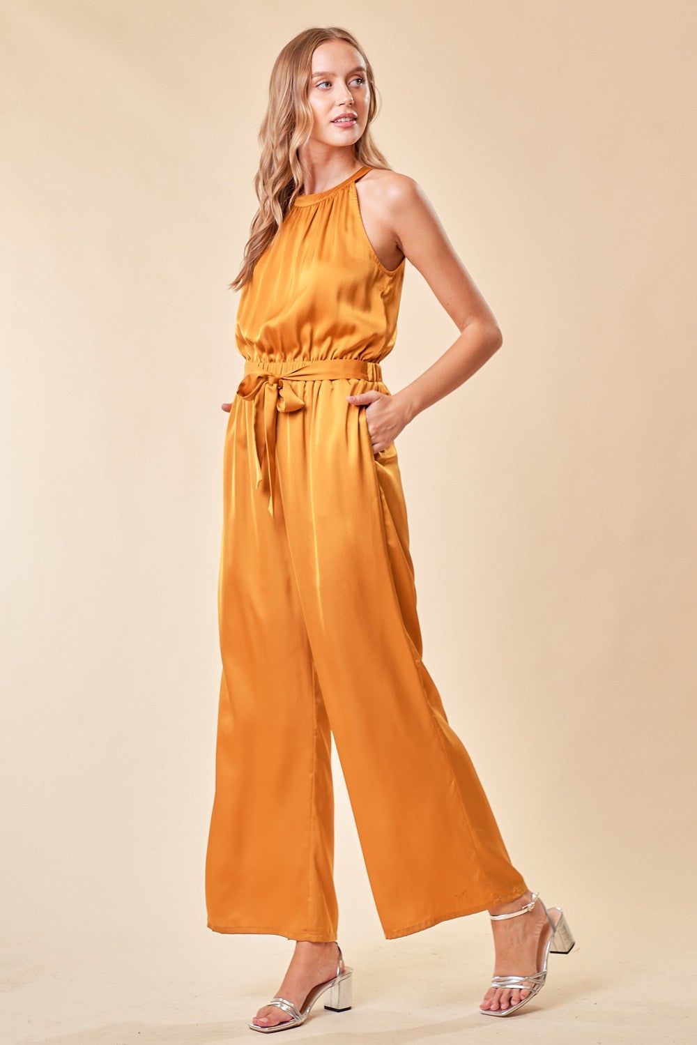 Golden Halter Neck Jumpsuit sold by Pinkblush product image thumbnail 2