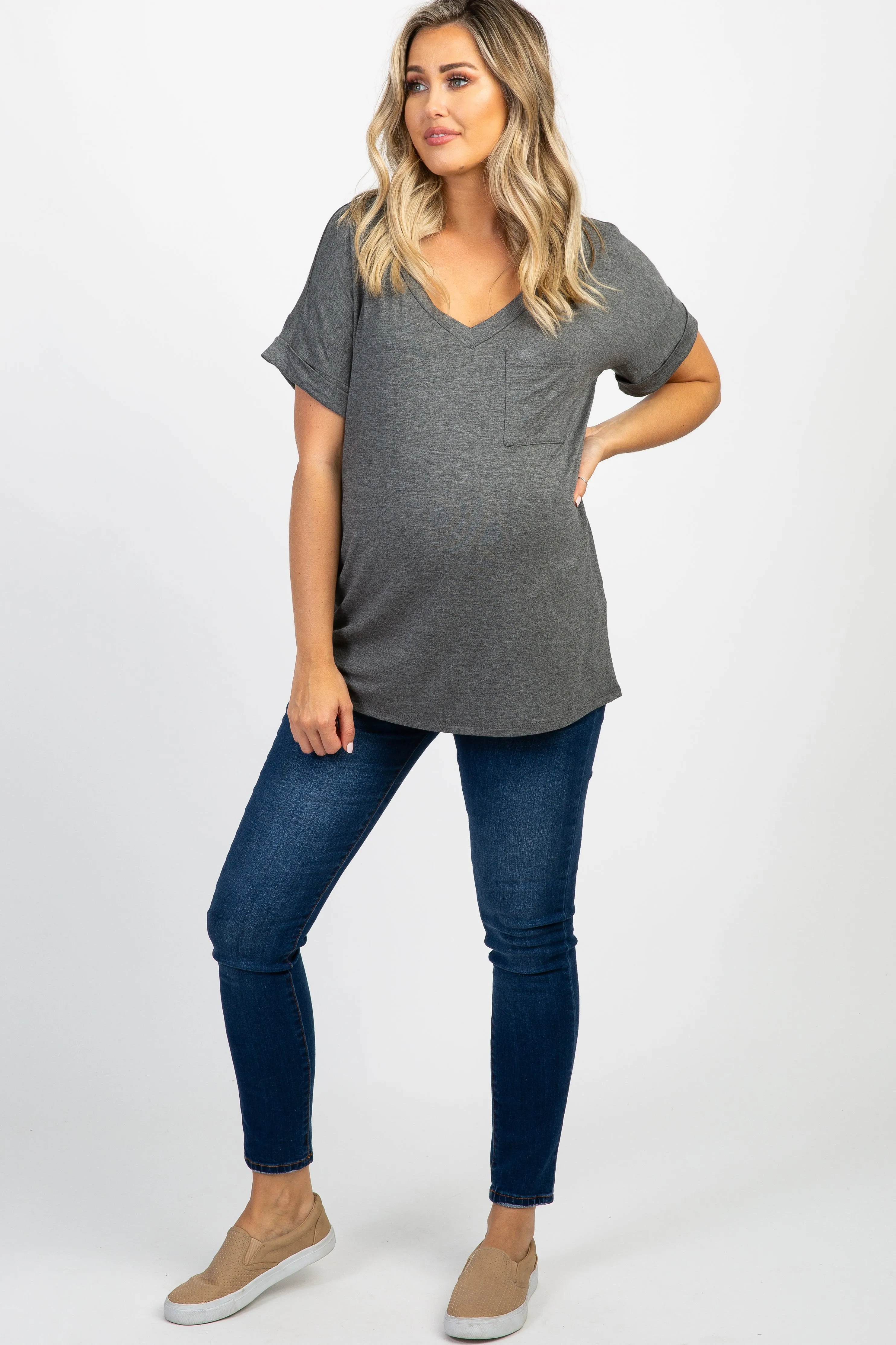 Charcoal V-Neck Pocket Accent Maternity Top sold by Pinkblush product image thumbnail 4