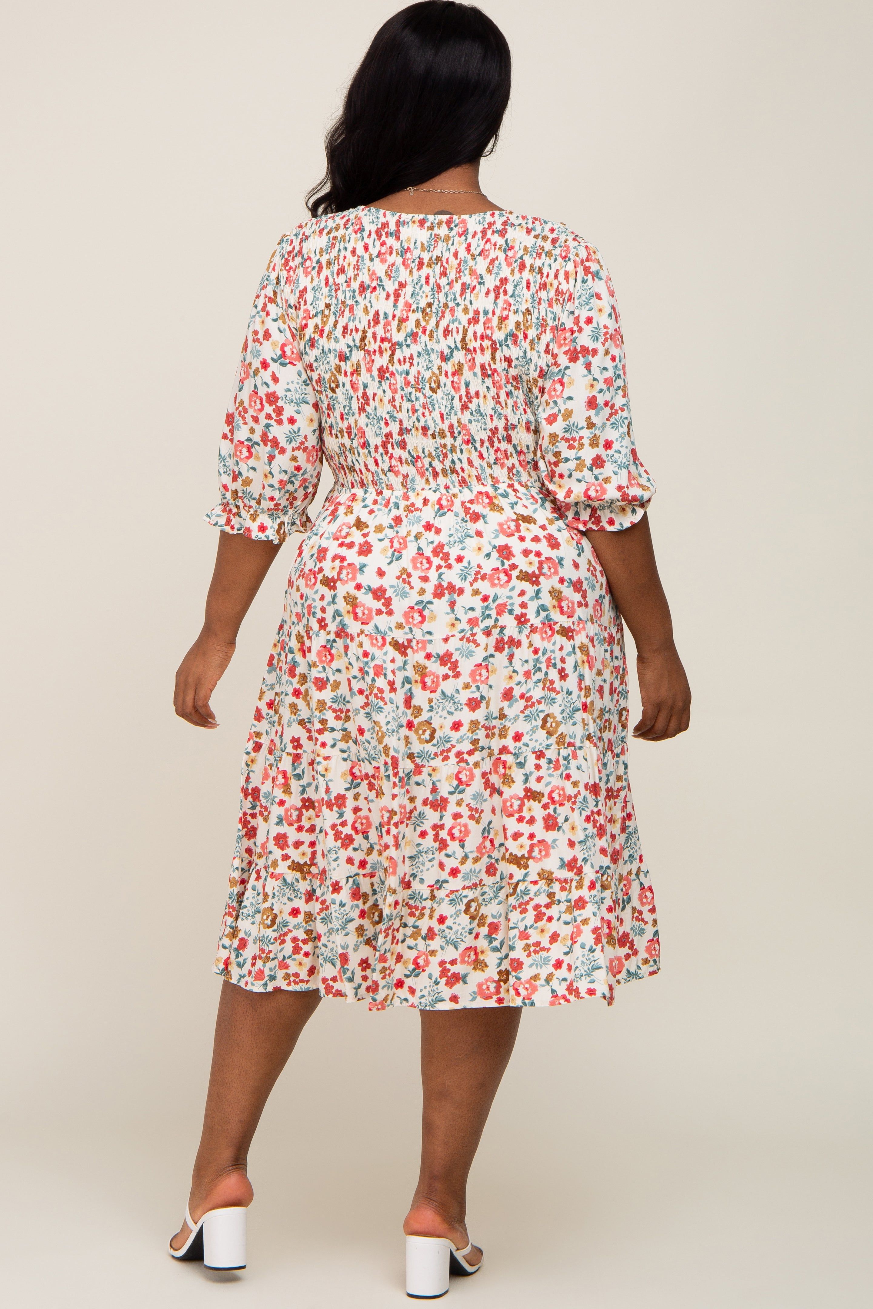 Ivory Floral Smocked Tiered Ruffle Plus Dress sold by Pinkblush product image thumbnail 3