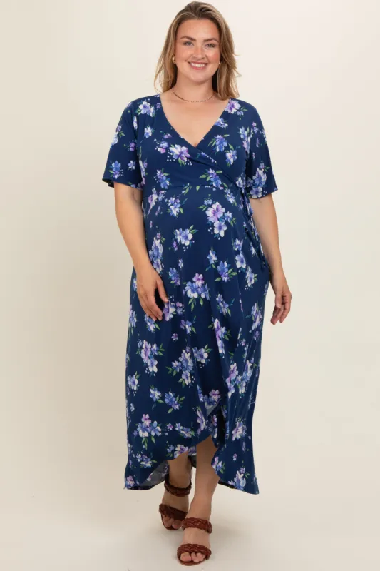 Navy Floral Short Sleeve Maternity Plus Warp Dress sold by Pinkblush