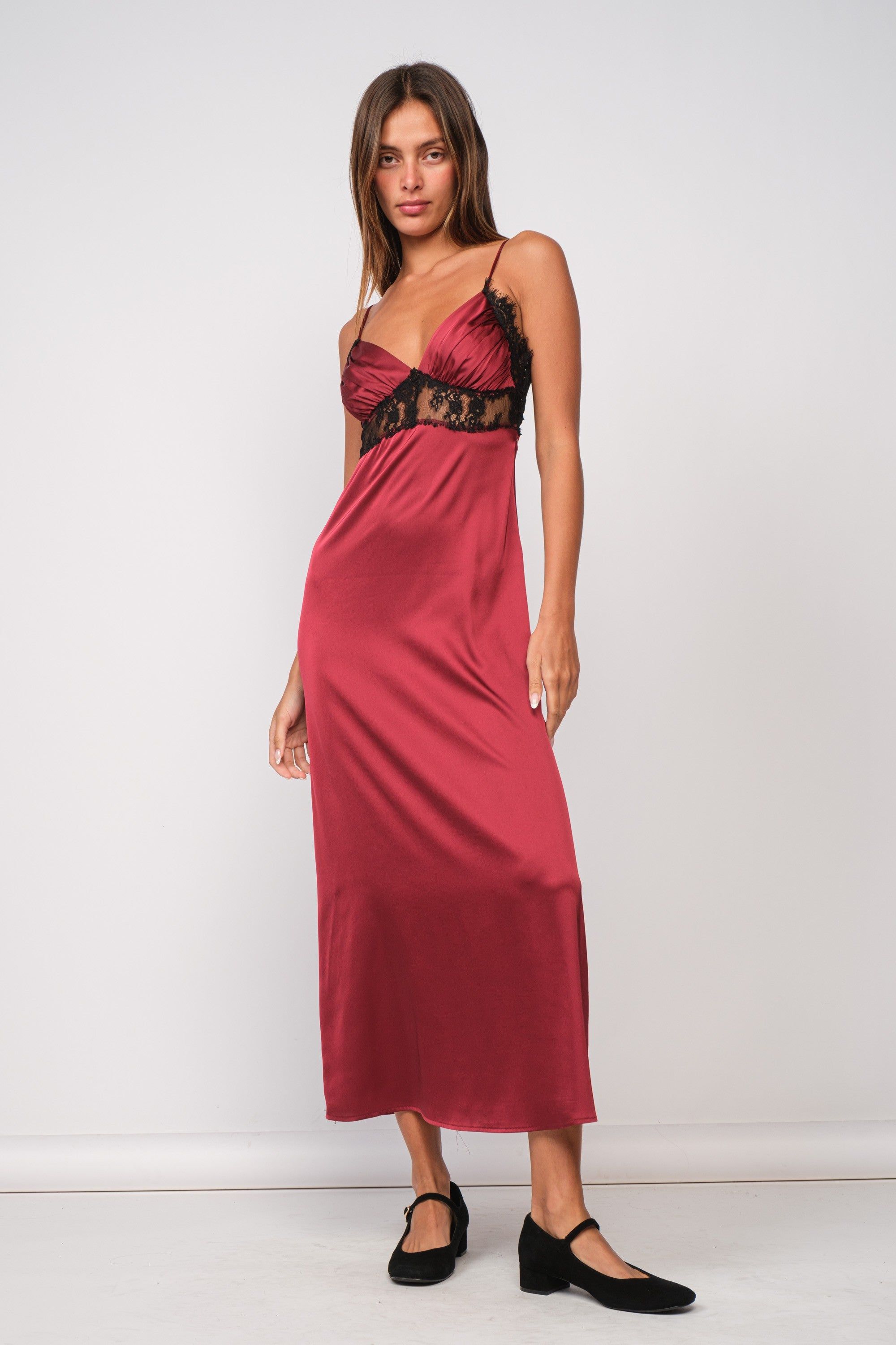 Burgundy Satin Lace Midi Dress sold by Pinkblush product image thumbnail 4