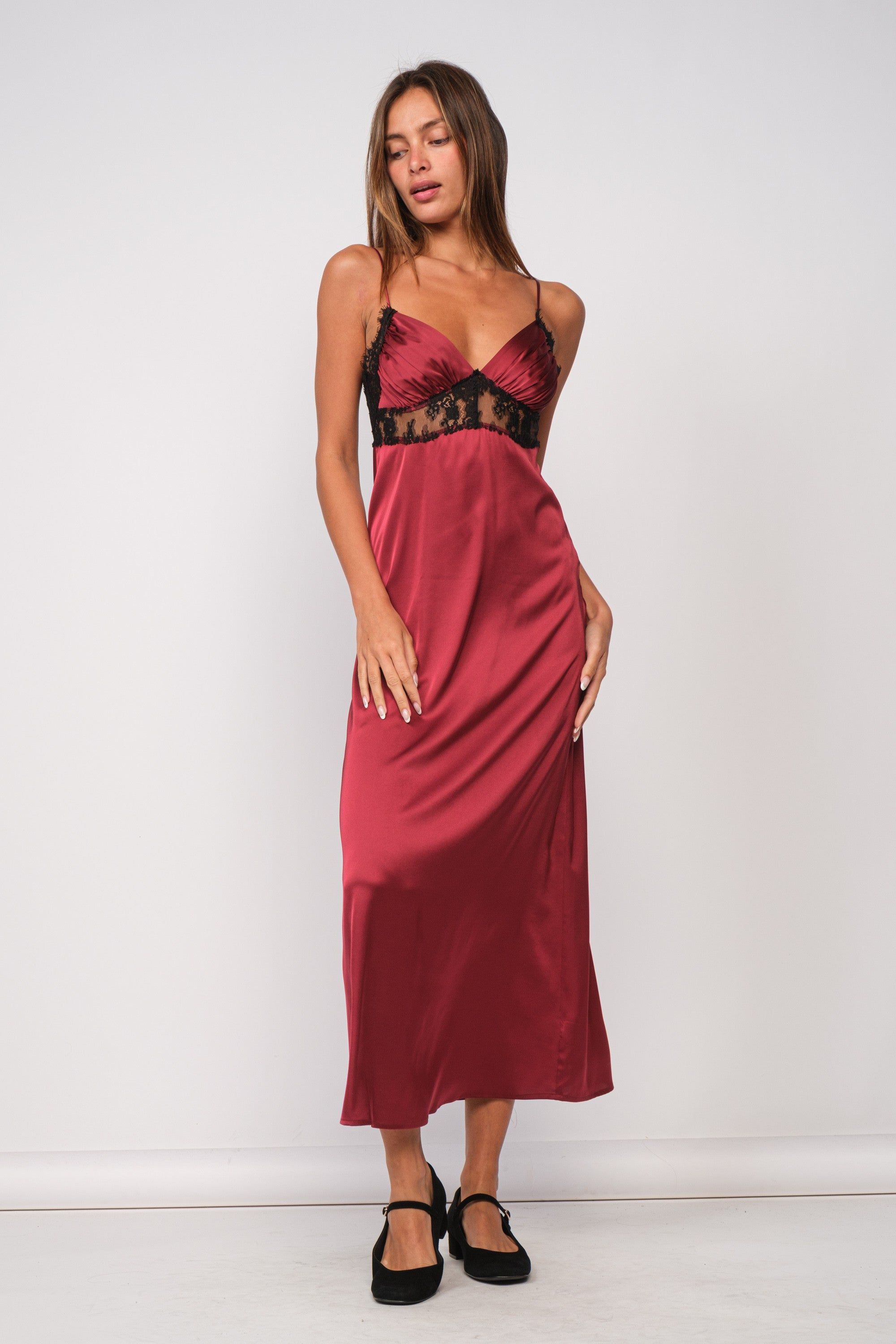 Burgundy Satin Lace Midi Dress sold by Pinkblush
