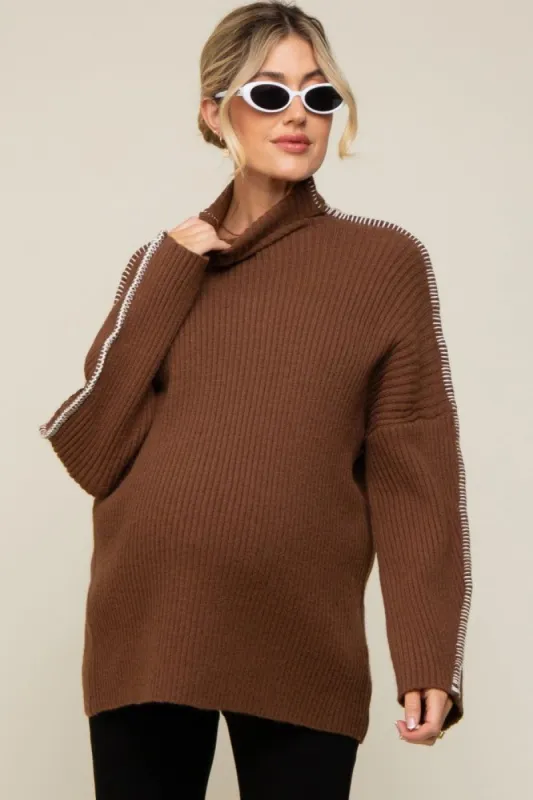 Brown Contrast Stitch Turtleneck Maternity Sweater sold by Pinkblush