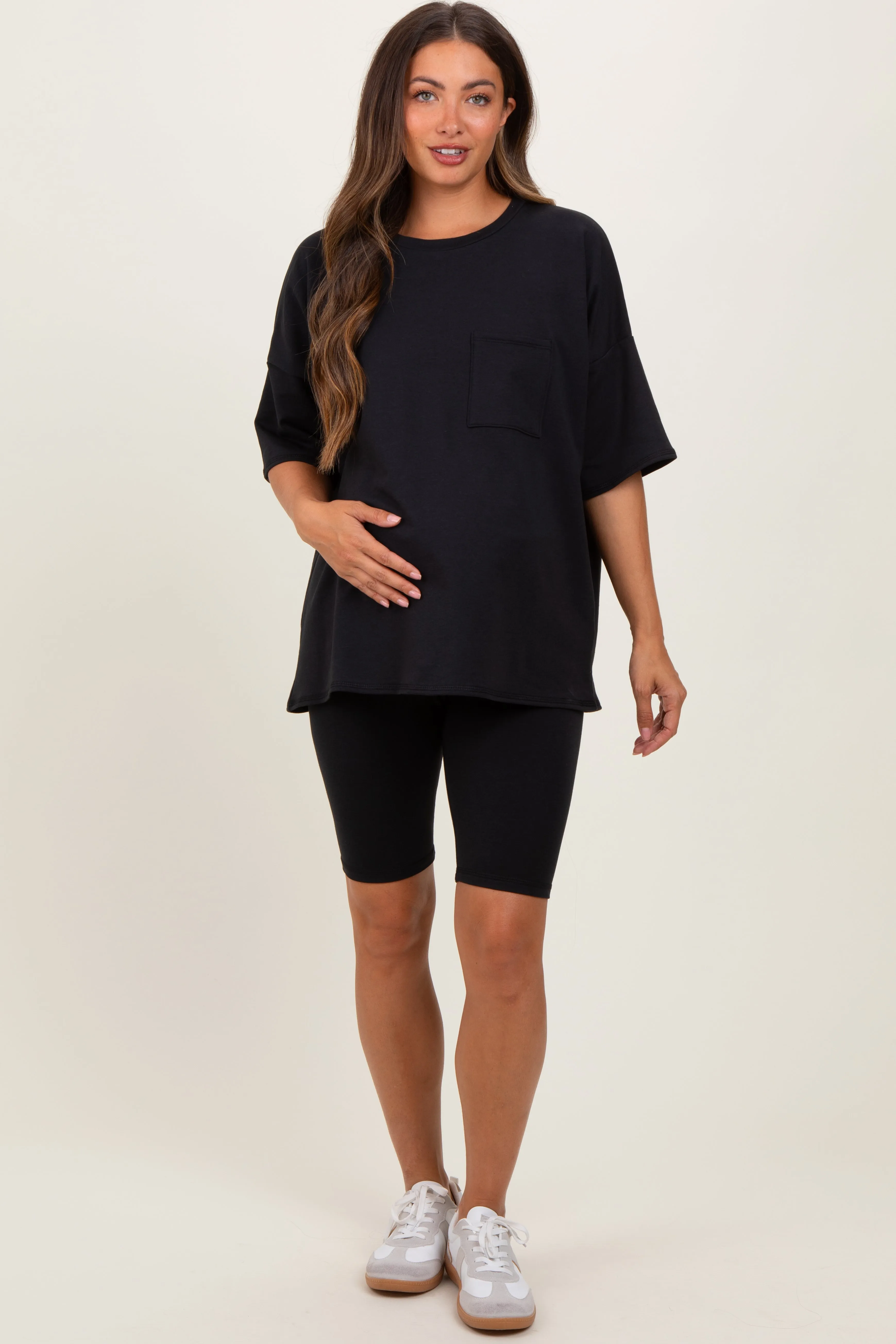 Black Oversized Short Sleeve Biker Short Maternity Set sold by Pinkblush