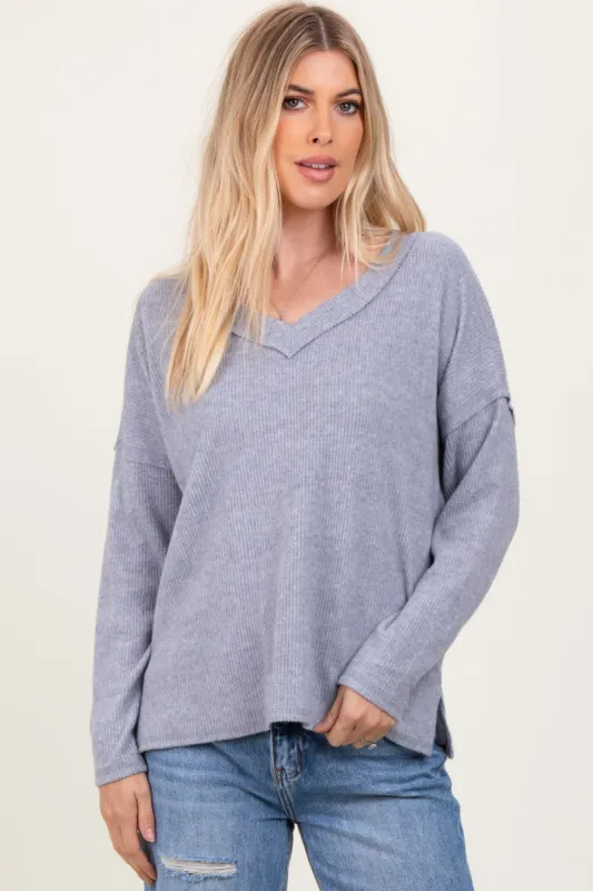 Heather Grey Ribbed V-Neck Long Sleeve Top sold by Pinkblush