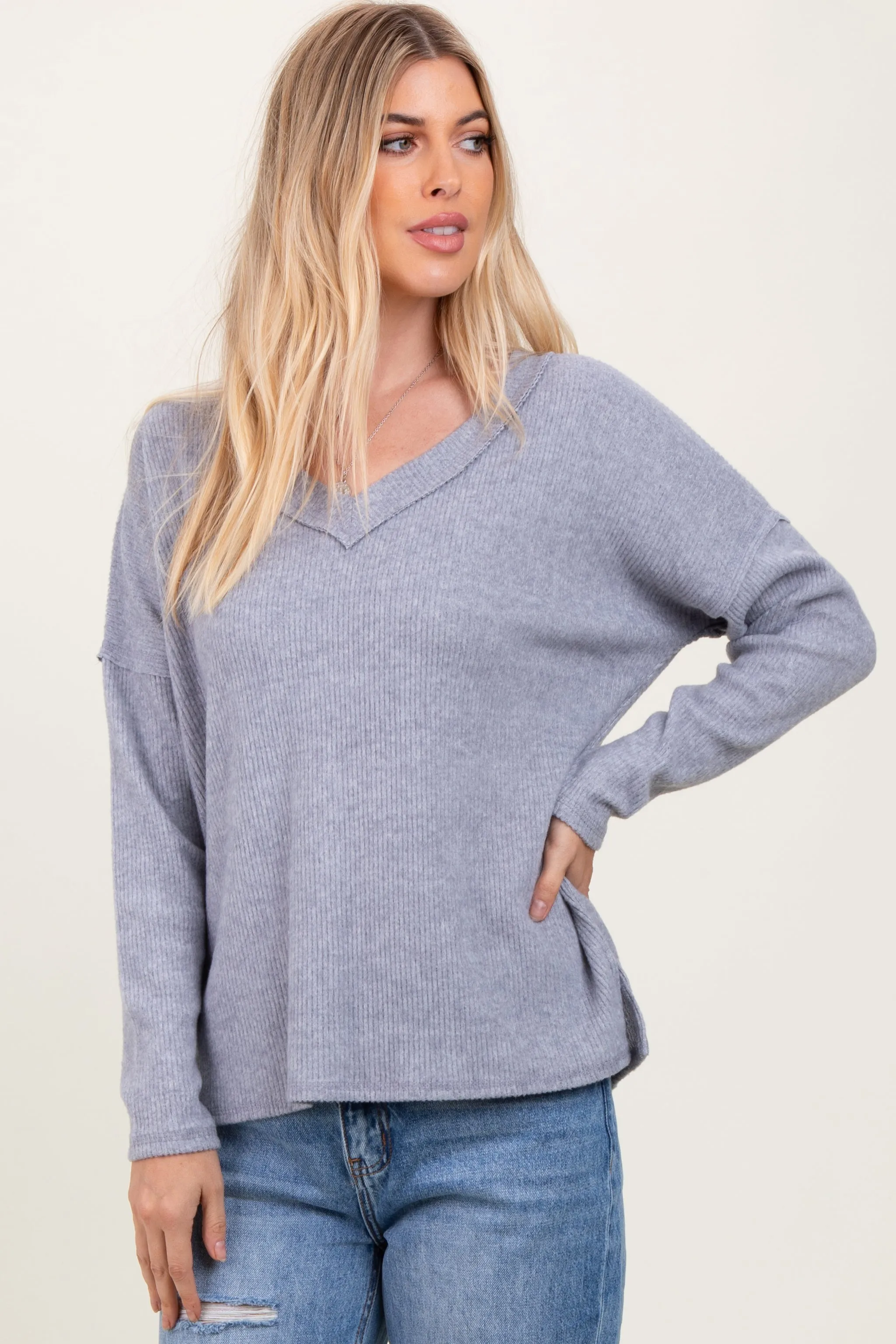 Heather Grey Ribbed V-Neck Long Sleeve Top sold by Pinkblush product image thumbnail 2
