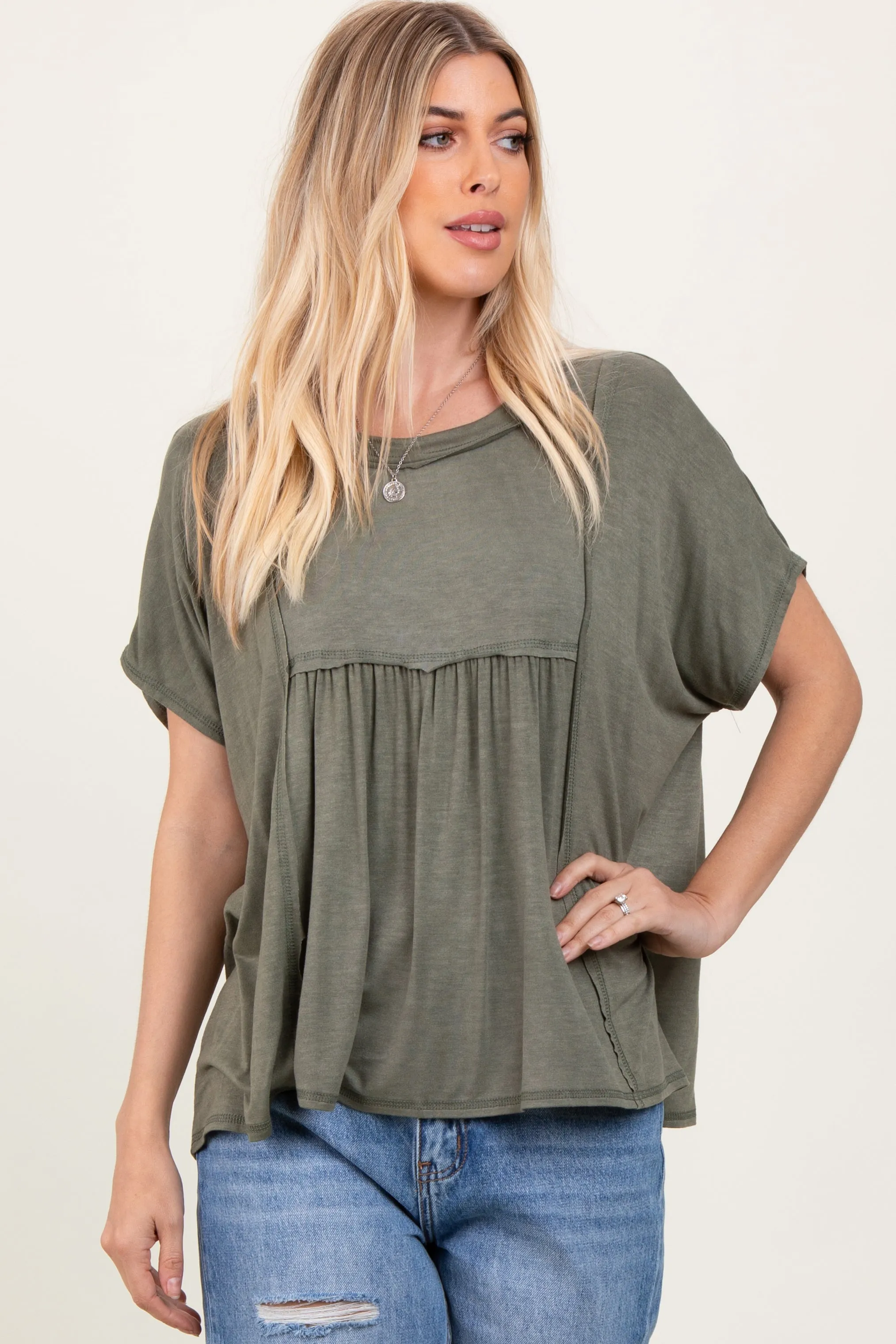 Light Olive Flutter Sleeve Top sold by Pinkblush