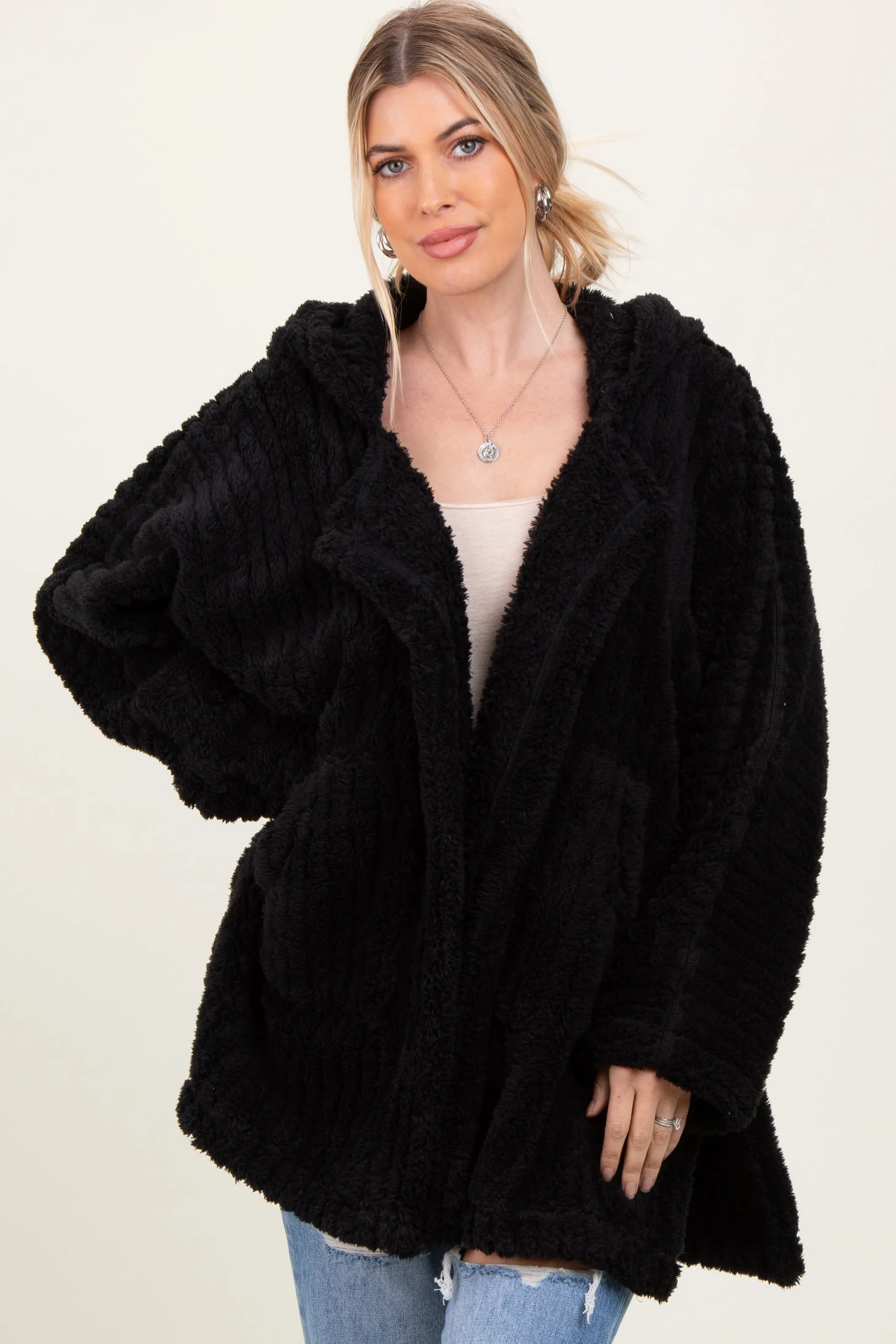 Black Fuzzy Slit Hem Hooded Cardigan sold by Pinkblush product image thumbnail 2