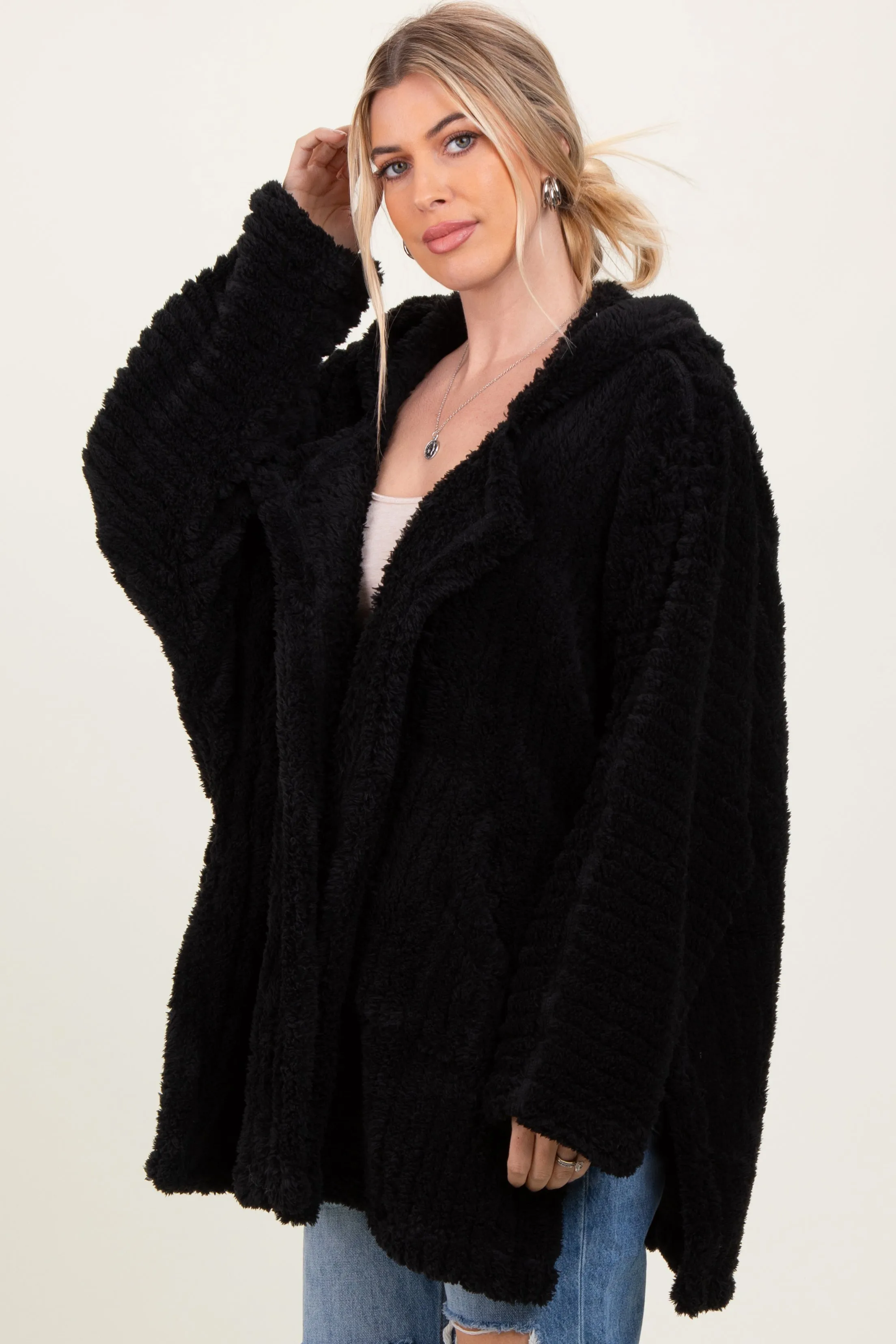 Black Fuzzy Slit Hem Hooded Cardigan sold by Pinkblush product image thumbnail 3