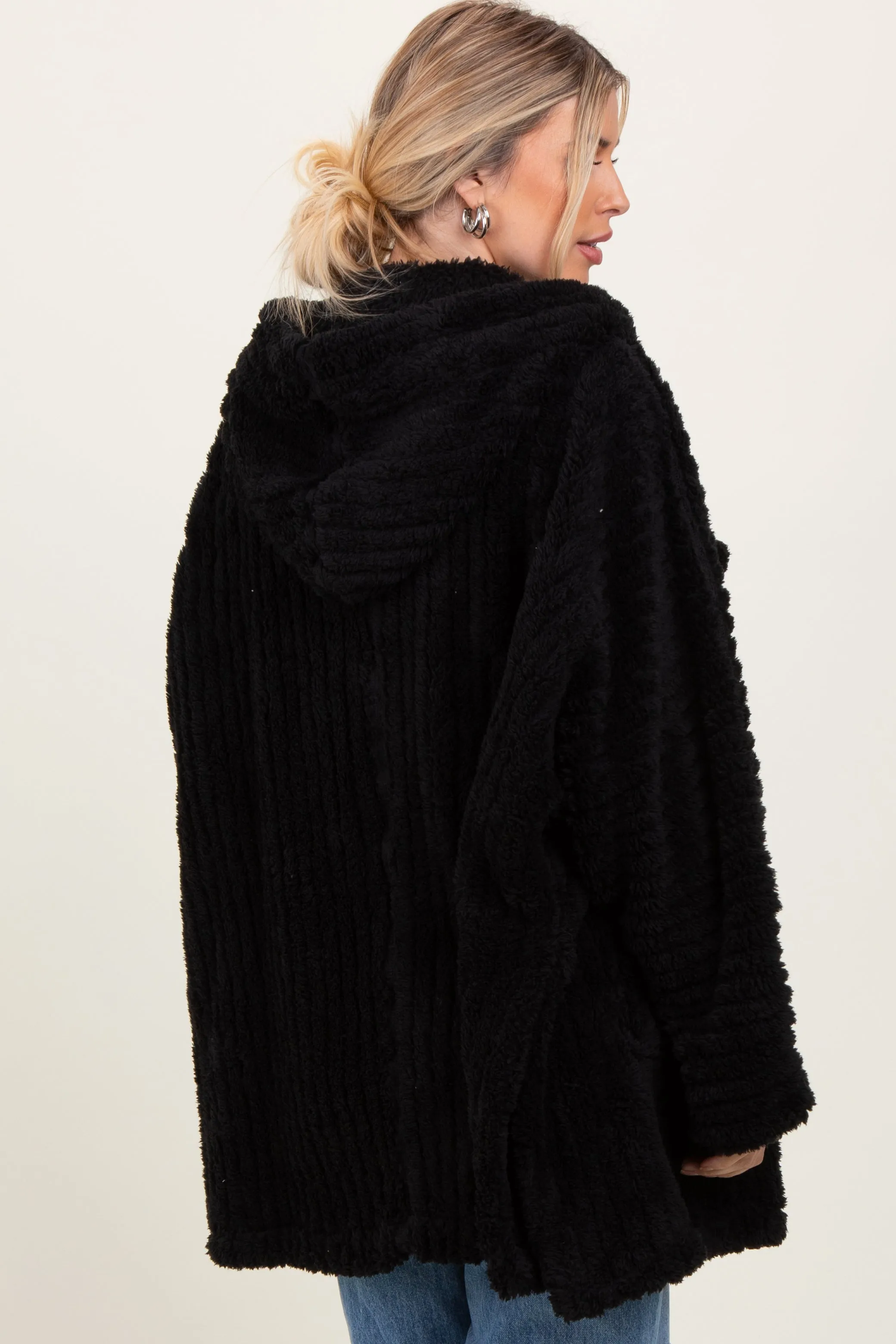 Black Fuzzy Slit Hem Hooded Cardigan sold by Pinkblush product image thumbnail 4