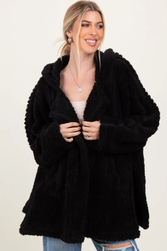 Black Fuzzy Slit Hem Hooded Cardigan sold by Pinkblush