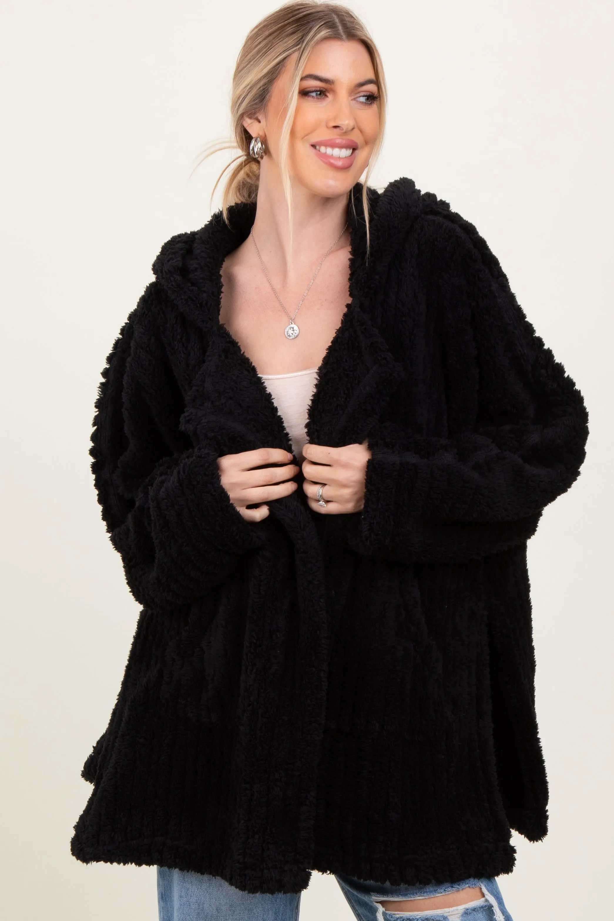Black Fuzzy Slit Hem Hooded Cardigan sold by Pinkblush