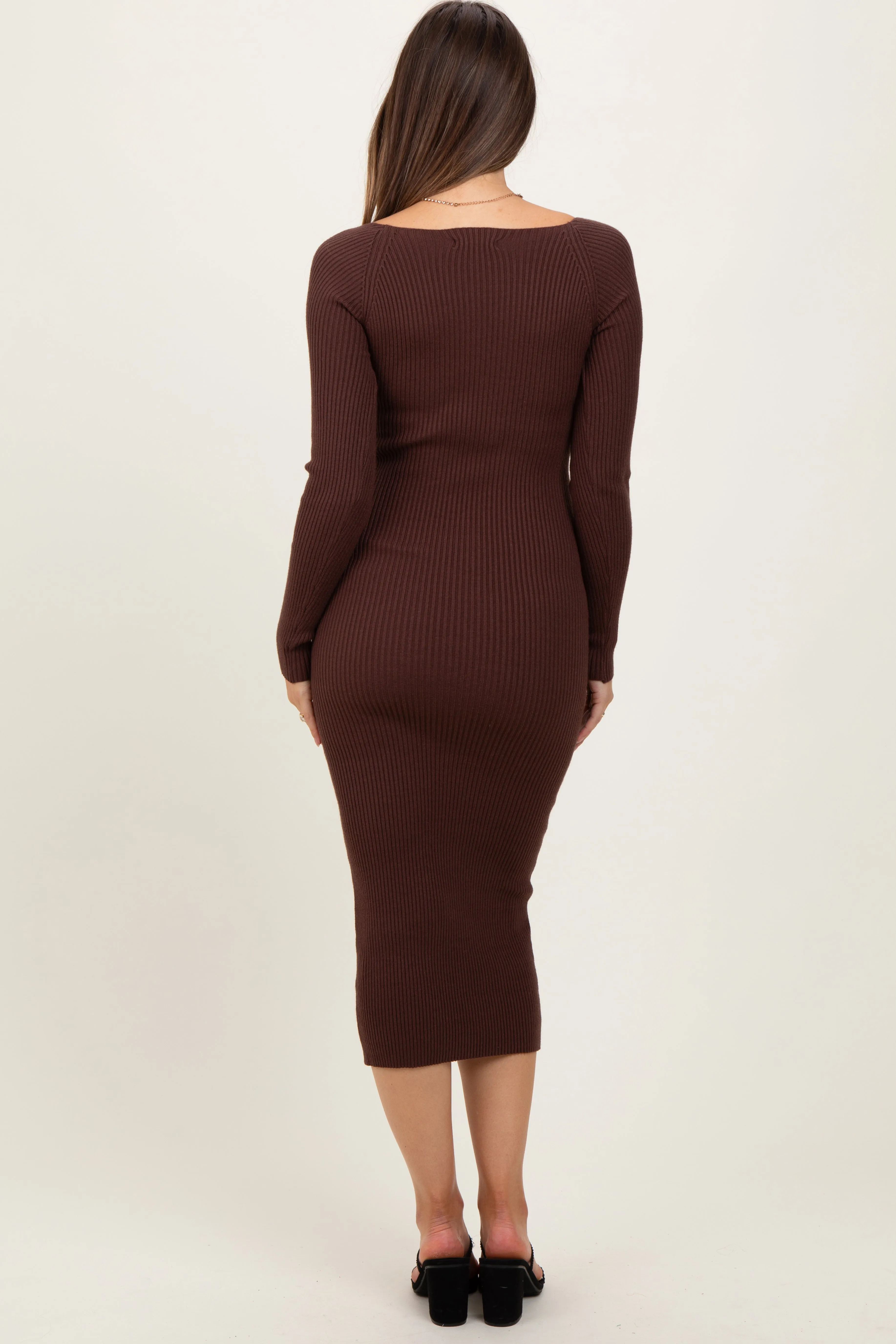 Brown Deep V-Neck Maternity Midi Sweater Dress sold by Pinkblush product image thumbnail 4