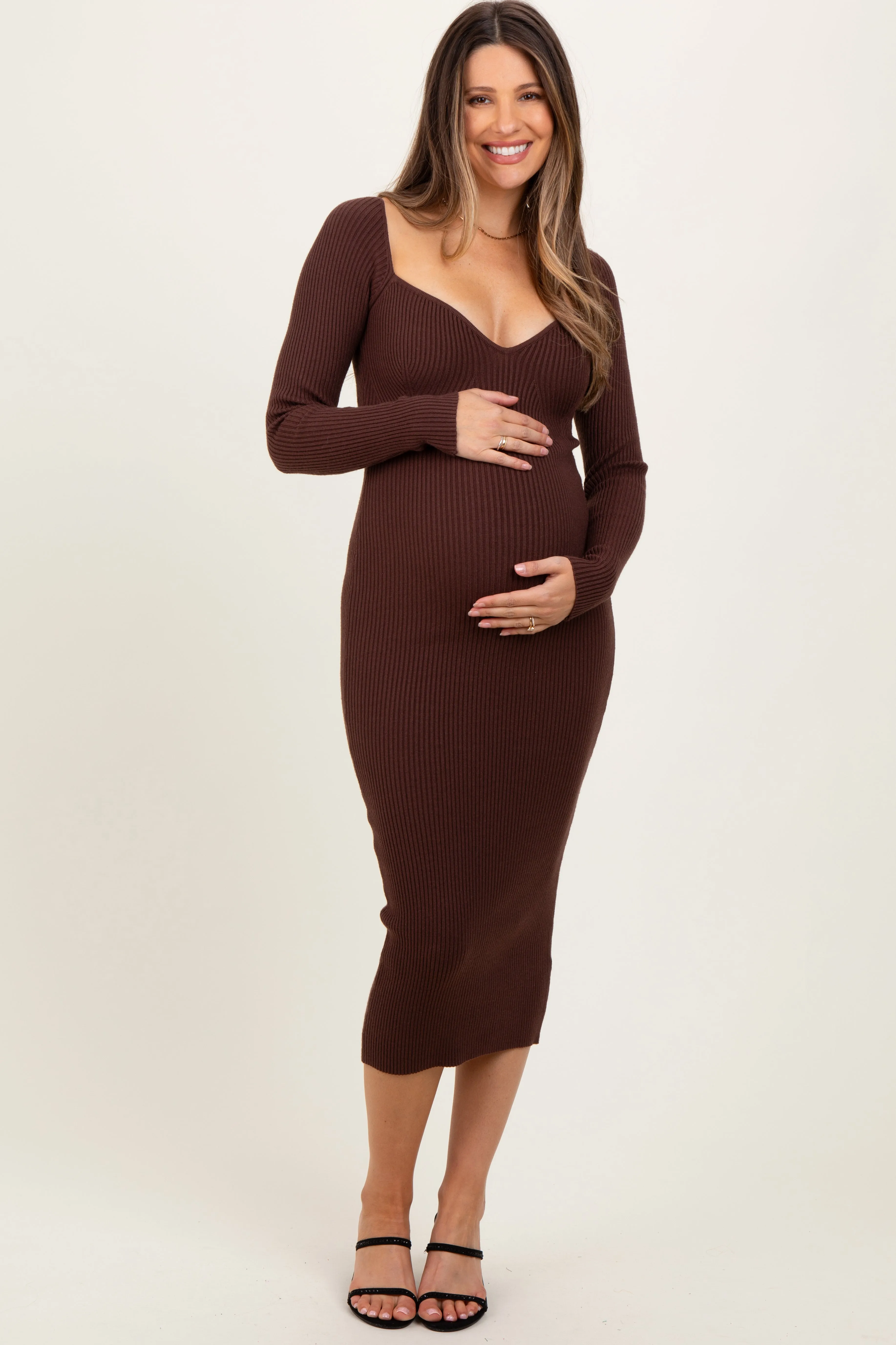 Brown Deep V-Neck Maternity Midi Sweater Dress sold by Pinkblush