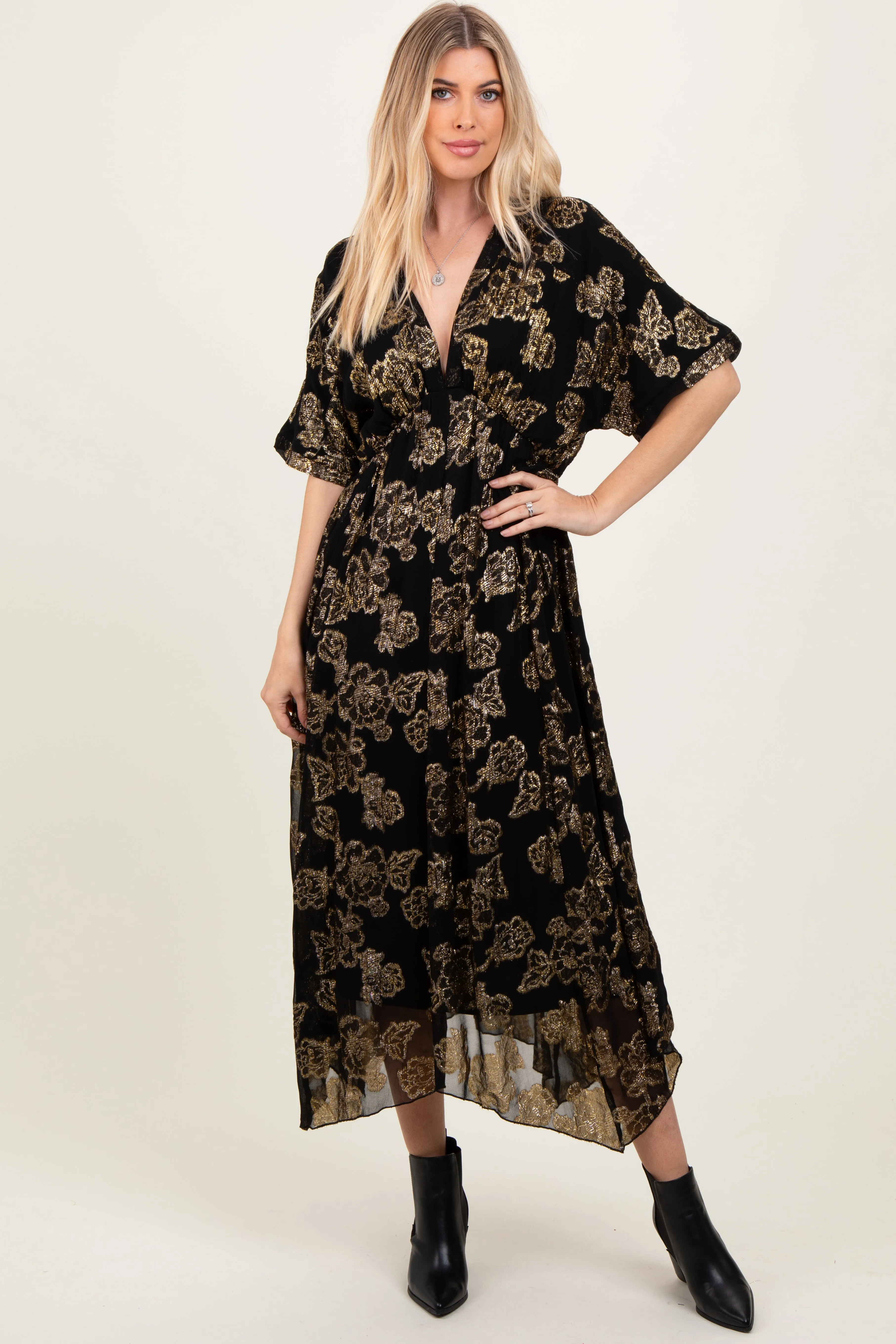 Black Metallic Floral Jacquard Overlay Maternity Maxi Dress sold by Pinkblush product image thumbnail 5