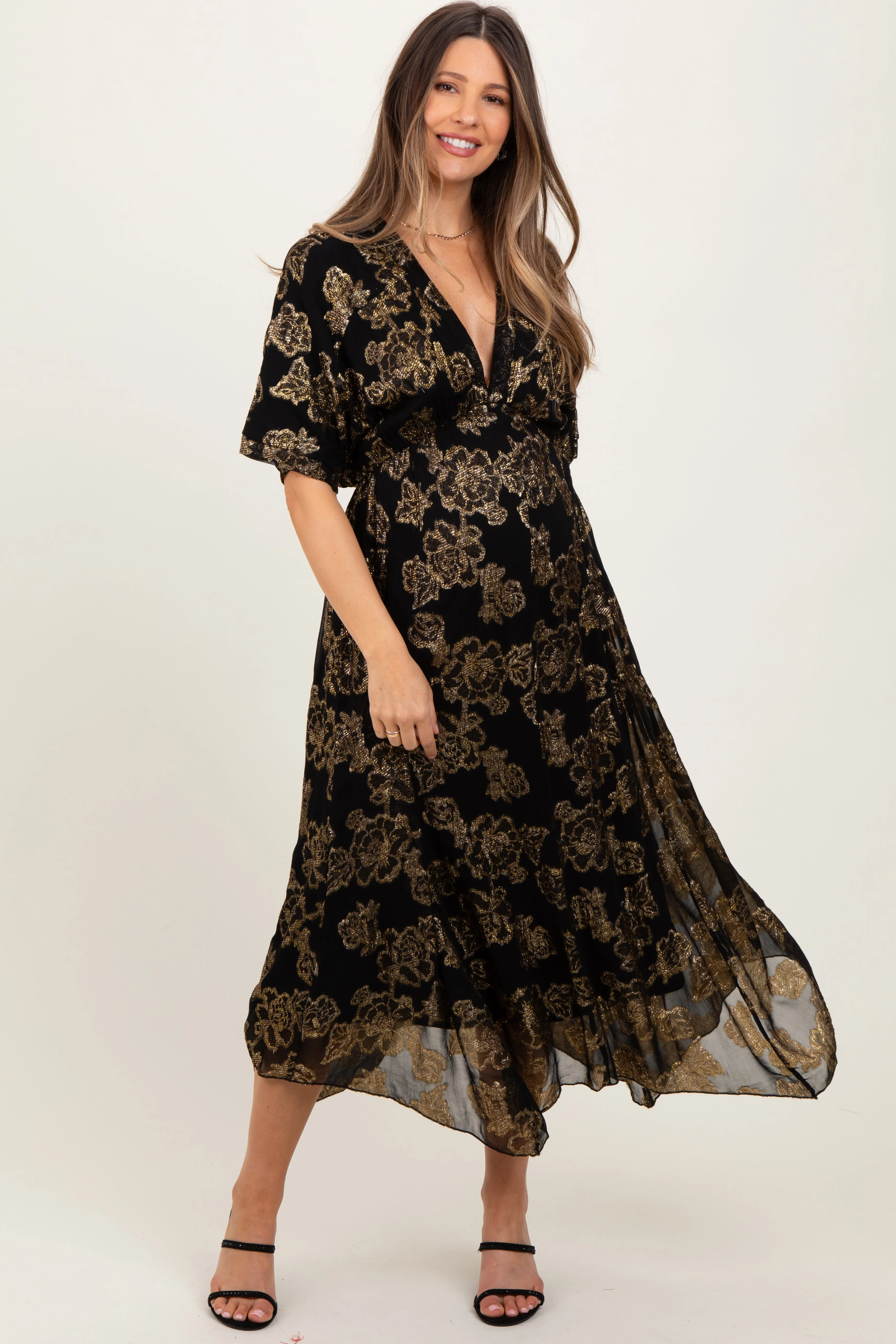 Black Metallic Floral Jacquard Overlay Maternity Maxi Dress sold by Pinkblush product image thumbnail 2