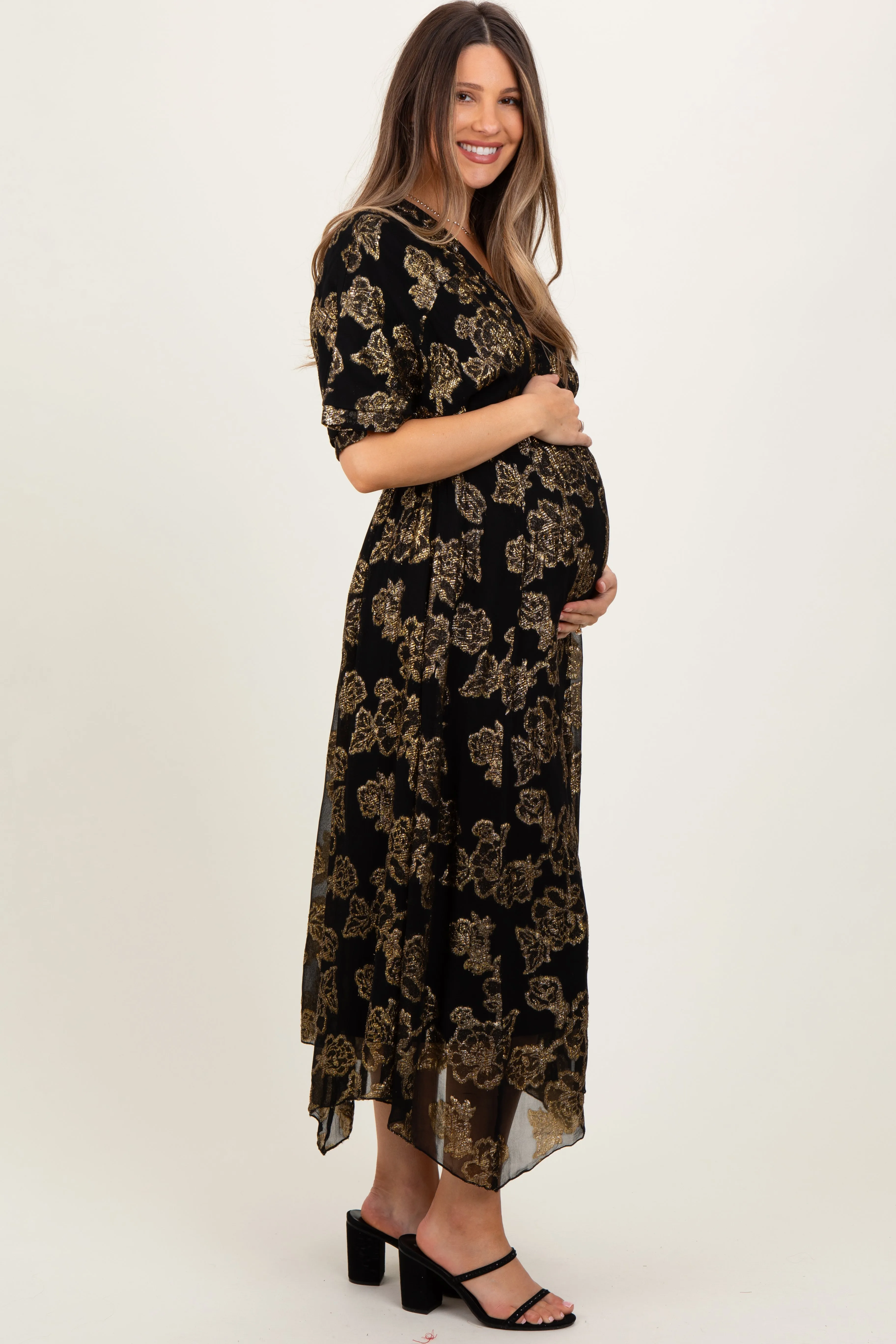Black Metallic Floral Jacquard Overlay Maternity Maxi Dress sold by Pinkblush product image thumbnail 3