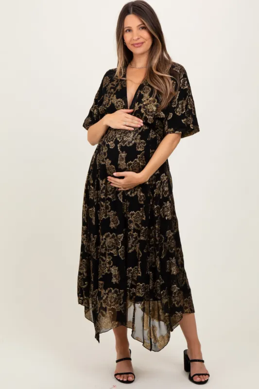 Black Metallic Floral Jacquard Overlay Maternity Maxi Dress sold by Pinkblush