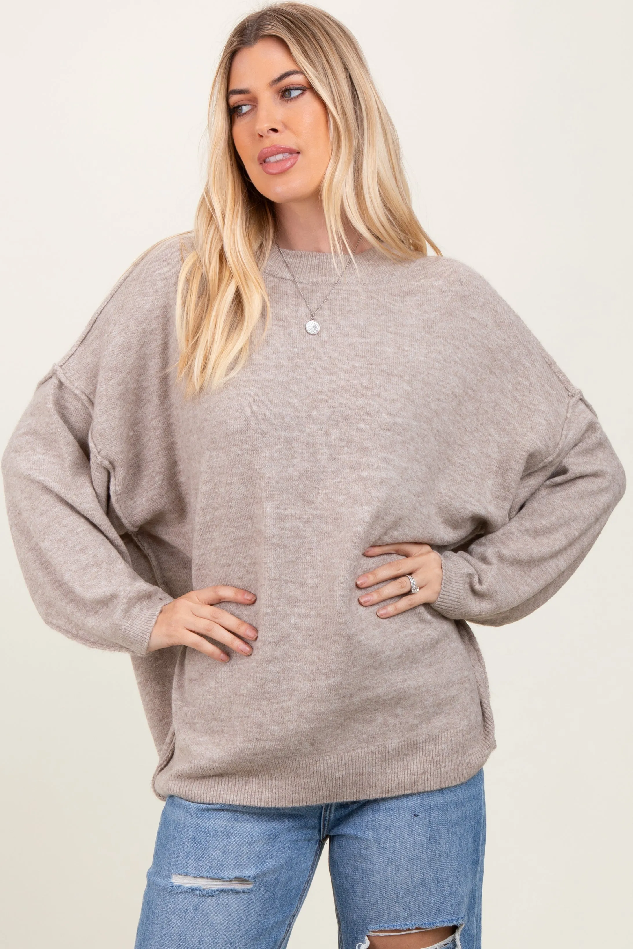 Taupe Oversized Crewneck Melange Knit Sweater sold by Pinkblush