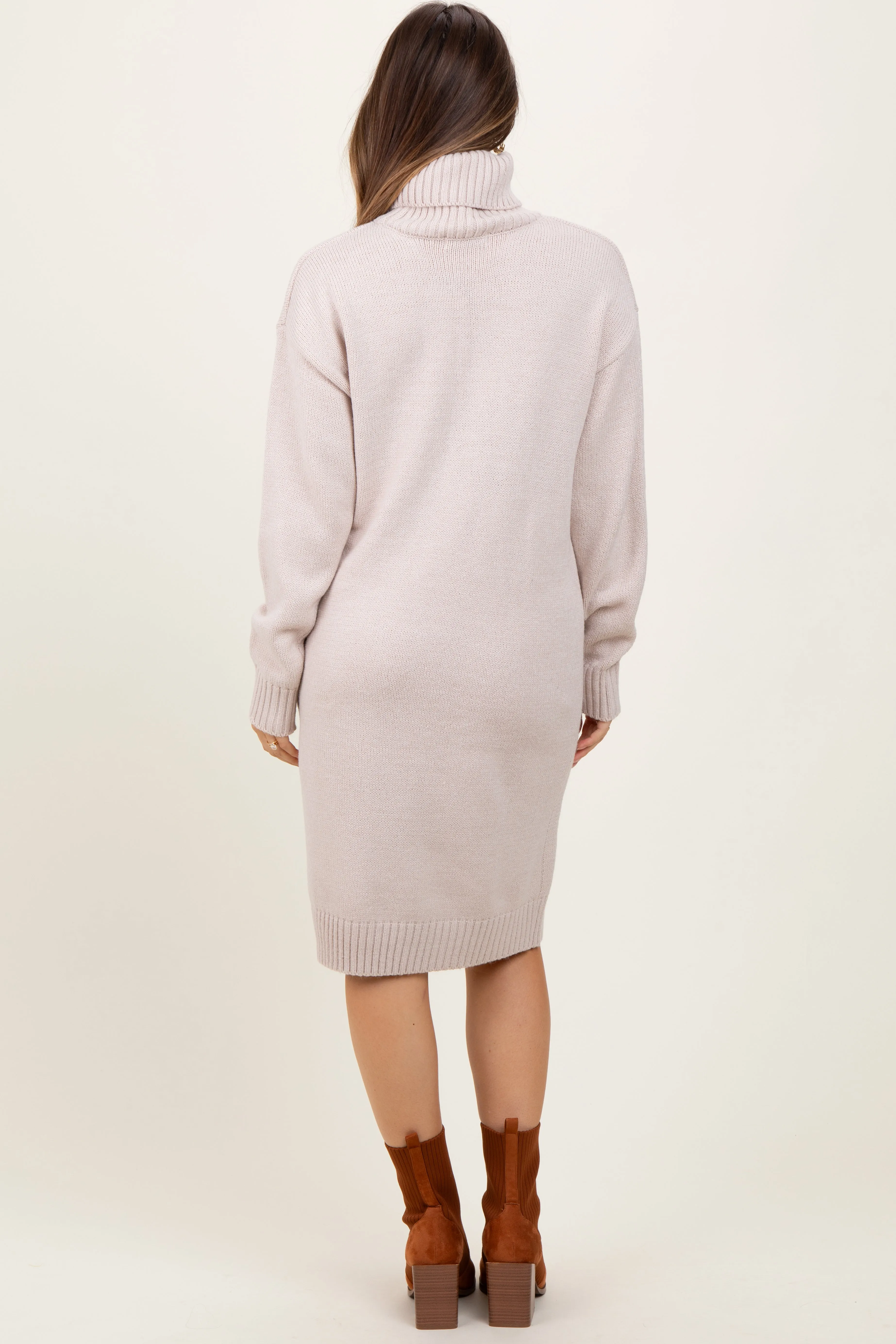 Beige Turtleneck Side Slit Maternity Midi Sweater Dress sold by Pinkblush product image thumbnail 4