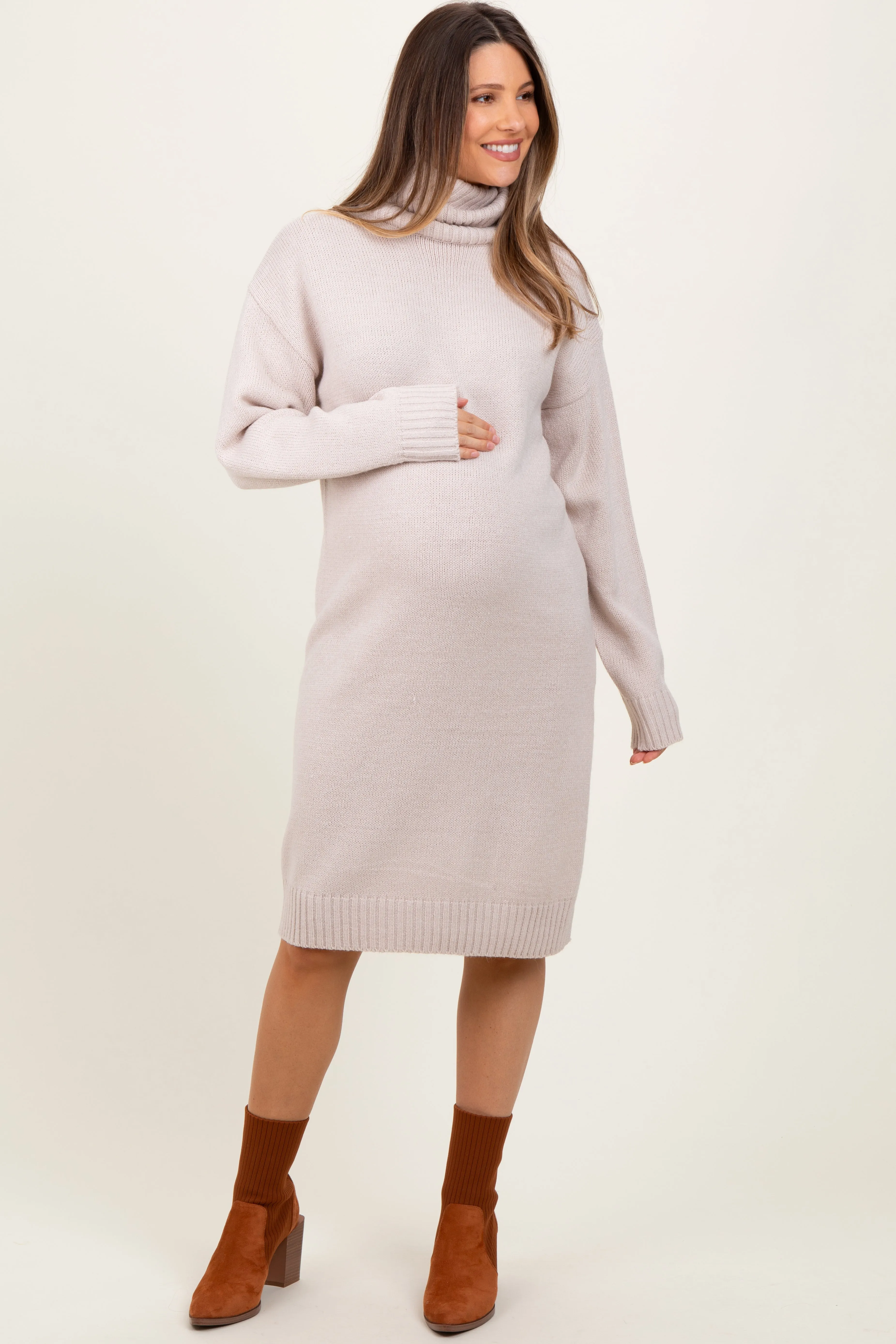 Beige Turtleneck Side Slit Maternity Midi Sweater Dress sold by Pinkblush
