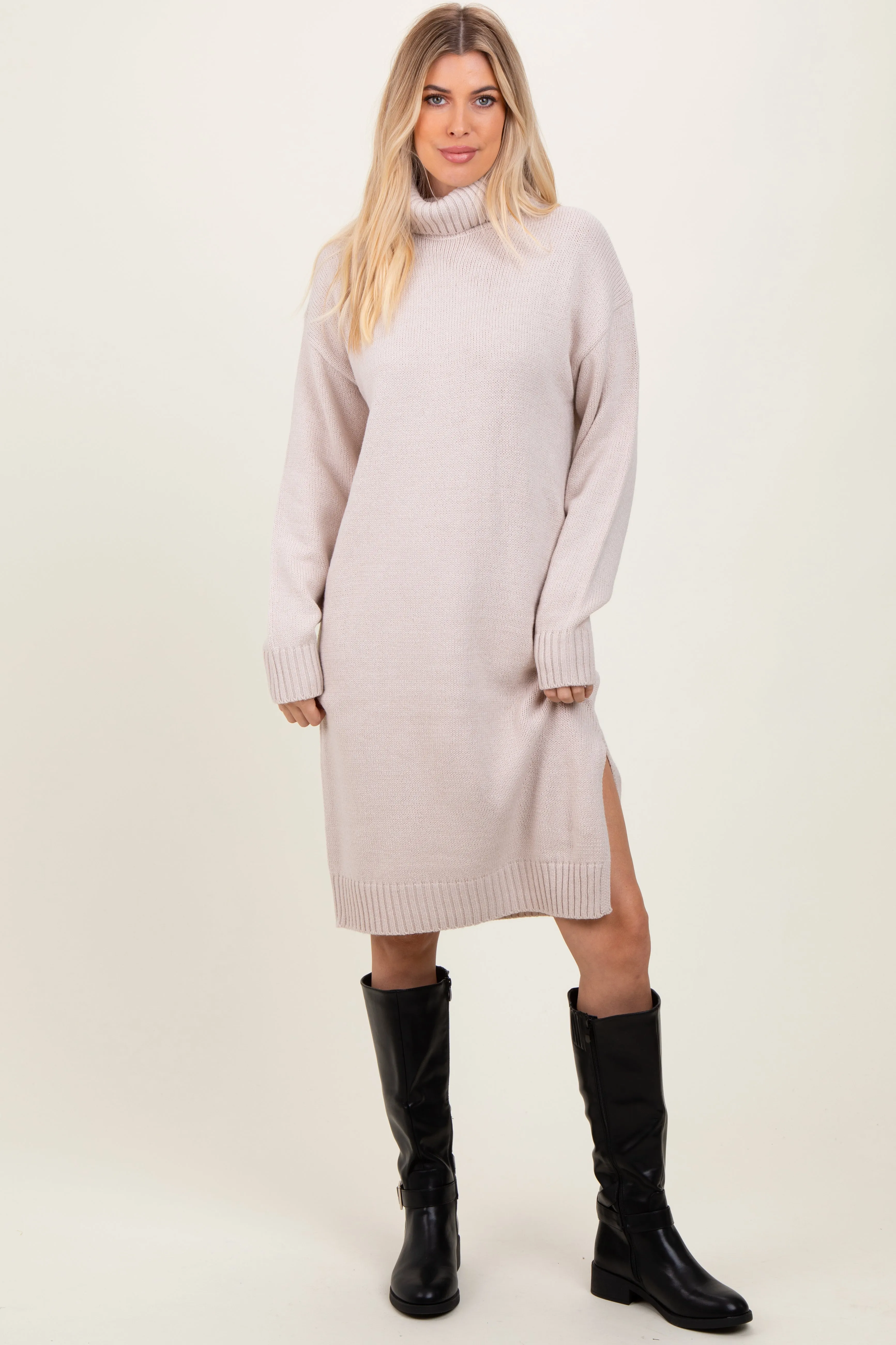 Beige Turtleneck Side Slit Maternity Midi Sweater Dress sold by Pinkblush product image thumbnail 5