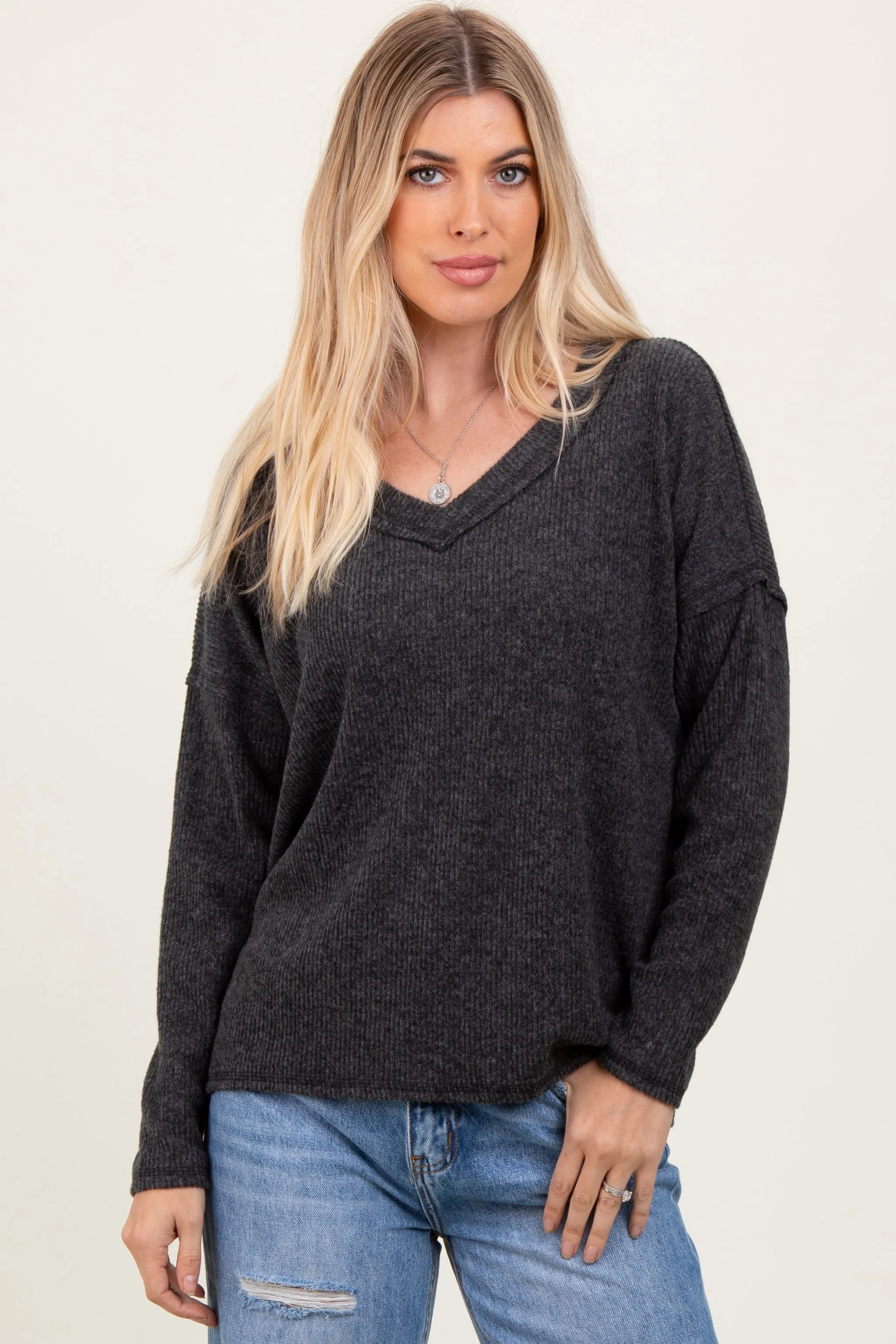 Black Ribbed V-Neck Long Sleeve Top sold by Pinkblush