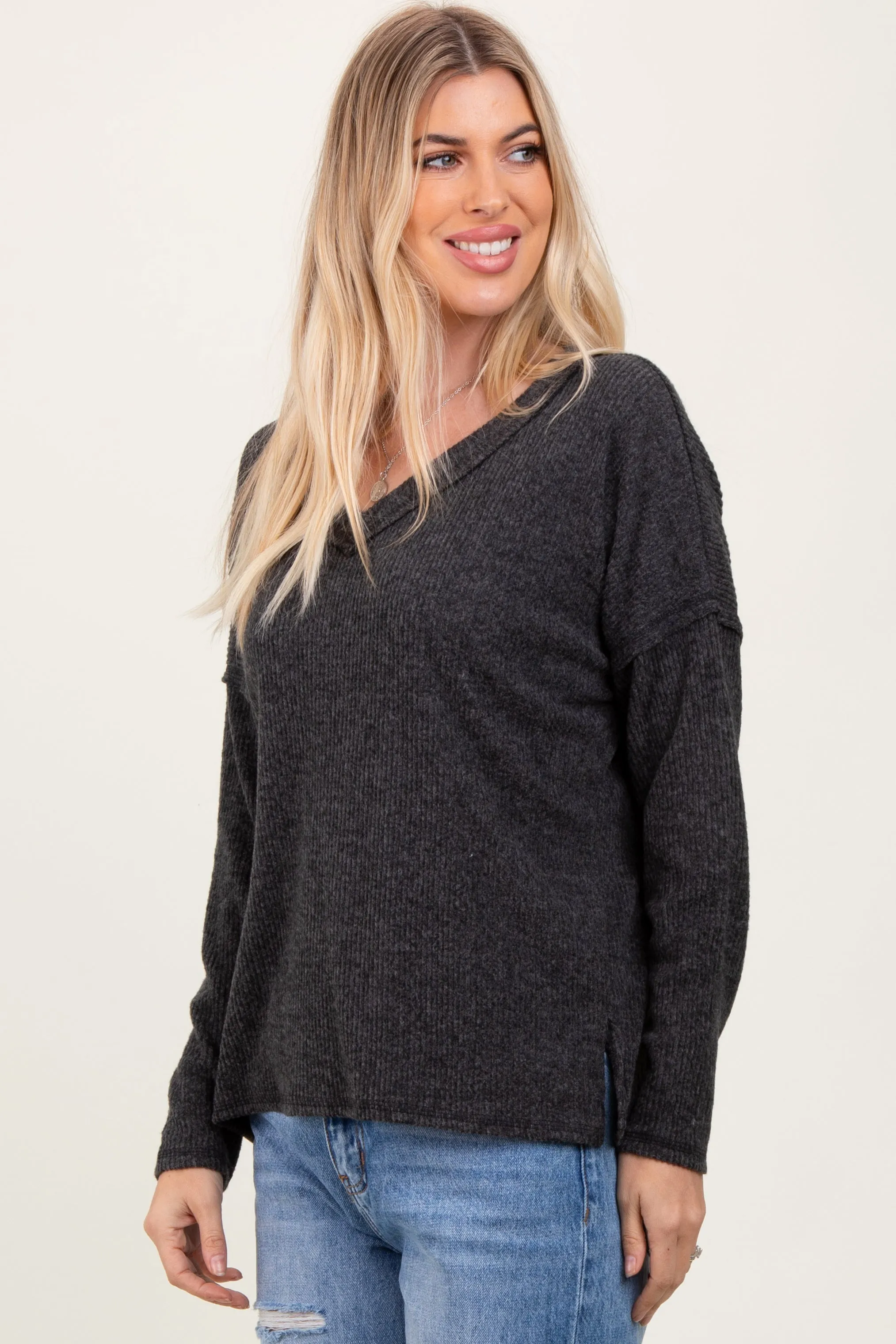 Black Ribbed V-Neck Long Sleeve Top sold by Pinkblush product image thumbnail 2