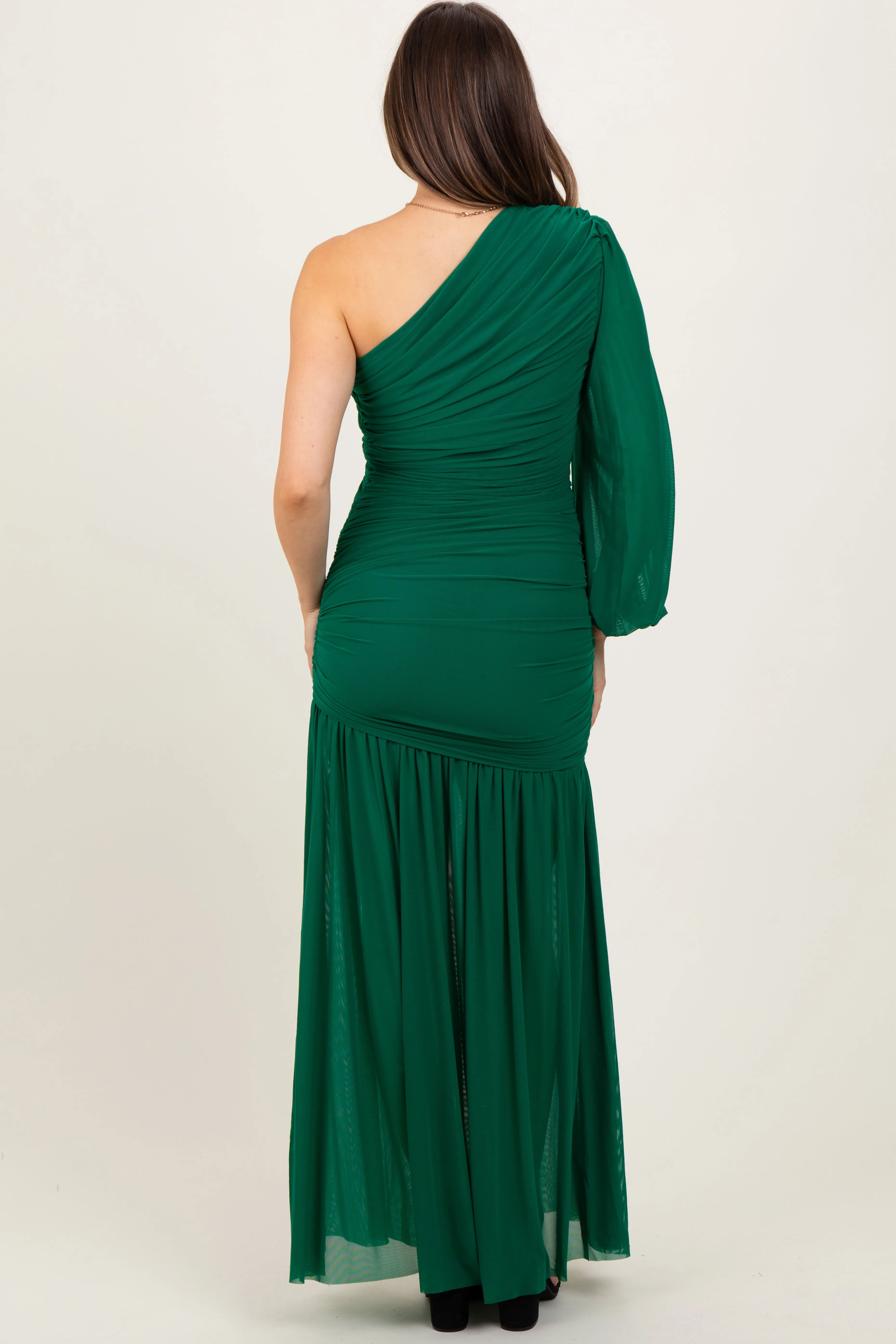 Forest Green Ruched Mesh One Shoulder Asymmetric Maternity Maxi Dress sold by Pinkblush product image thumbnail 4