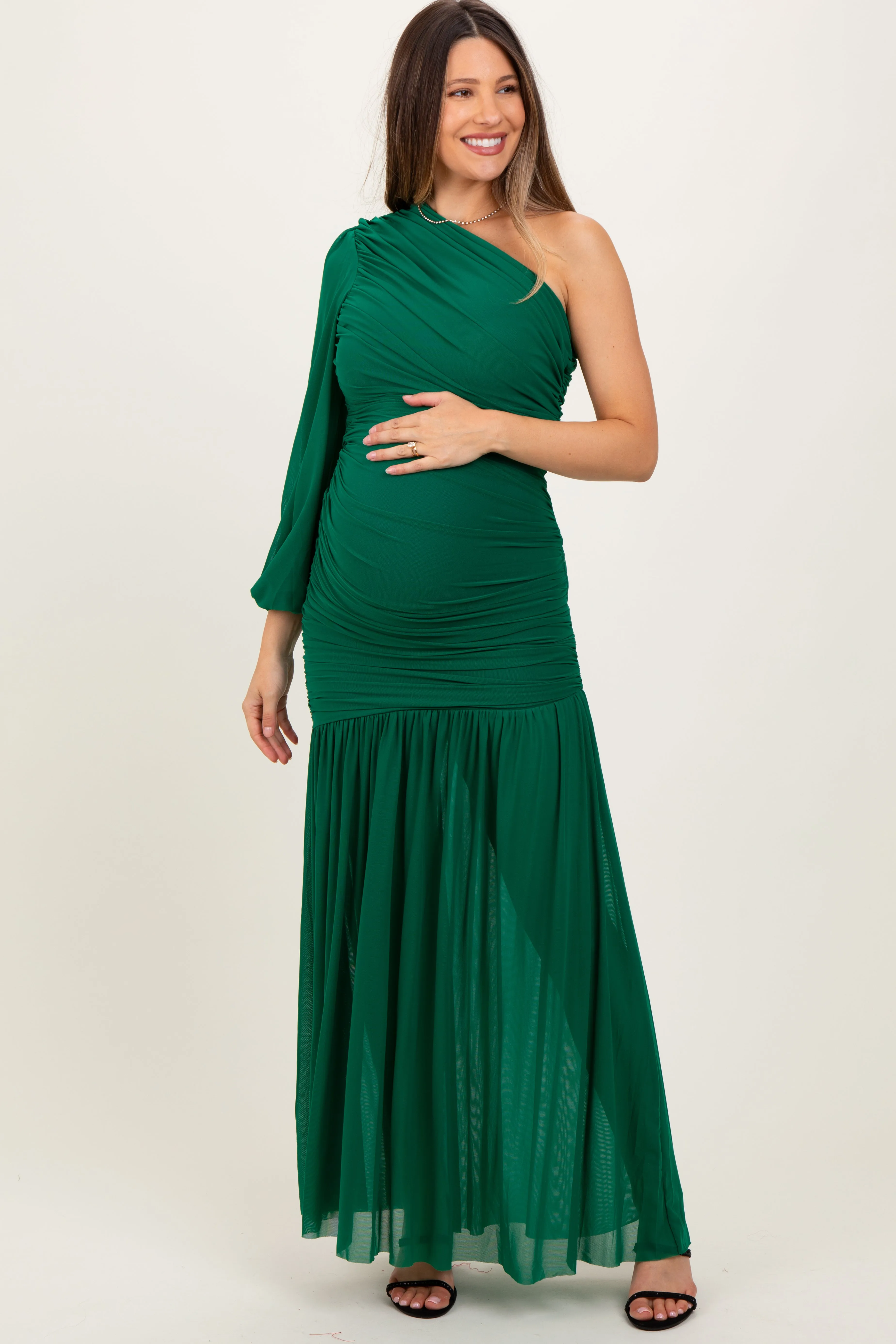 Forest Green Ruched Mesh One Shoulder Asymmetric Maternity Maxi Dress sold by Pinkblush