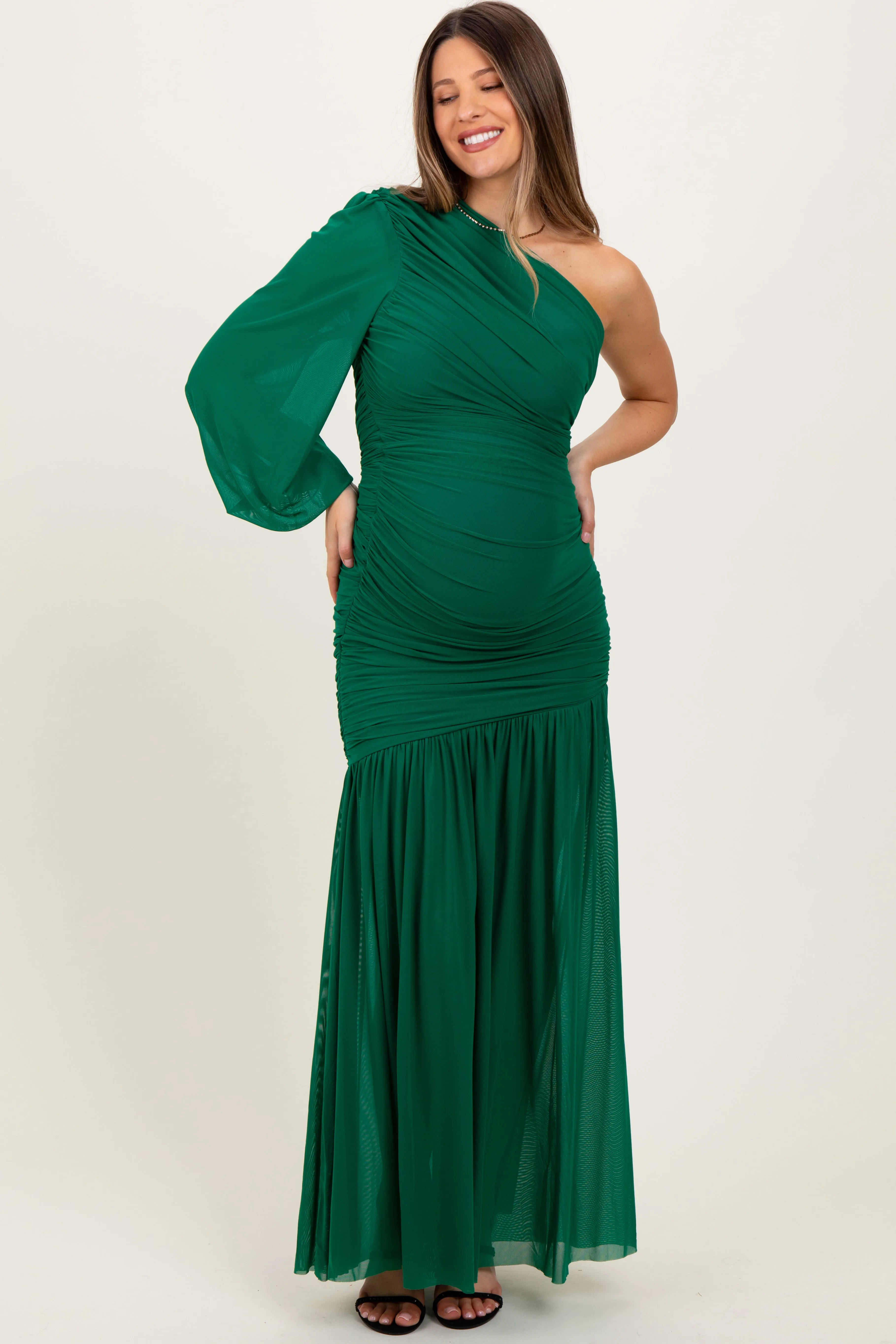Forest Green Ruched Mesh One Shoulder Asymmetric Maternity Maxi Dress sold by Pinkblush product image thumbnail 2