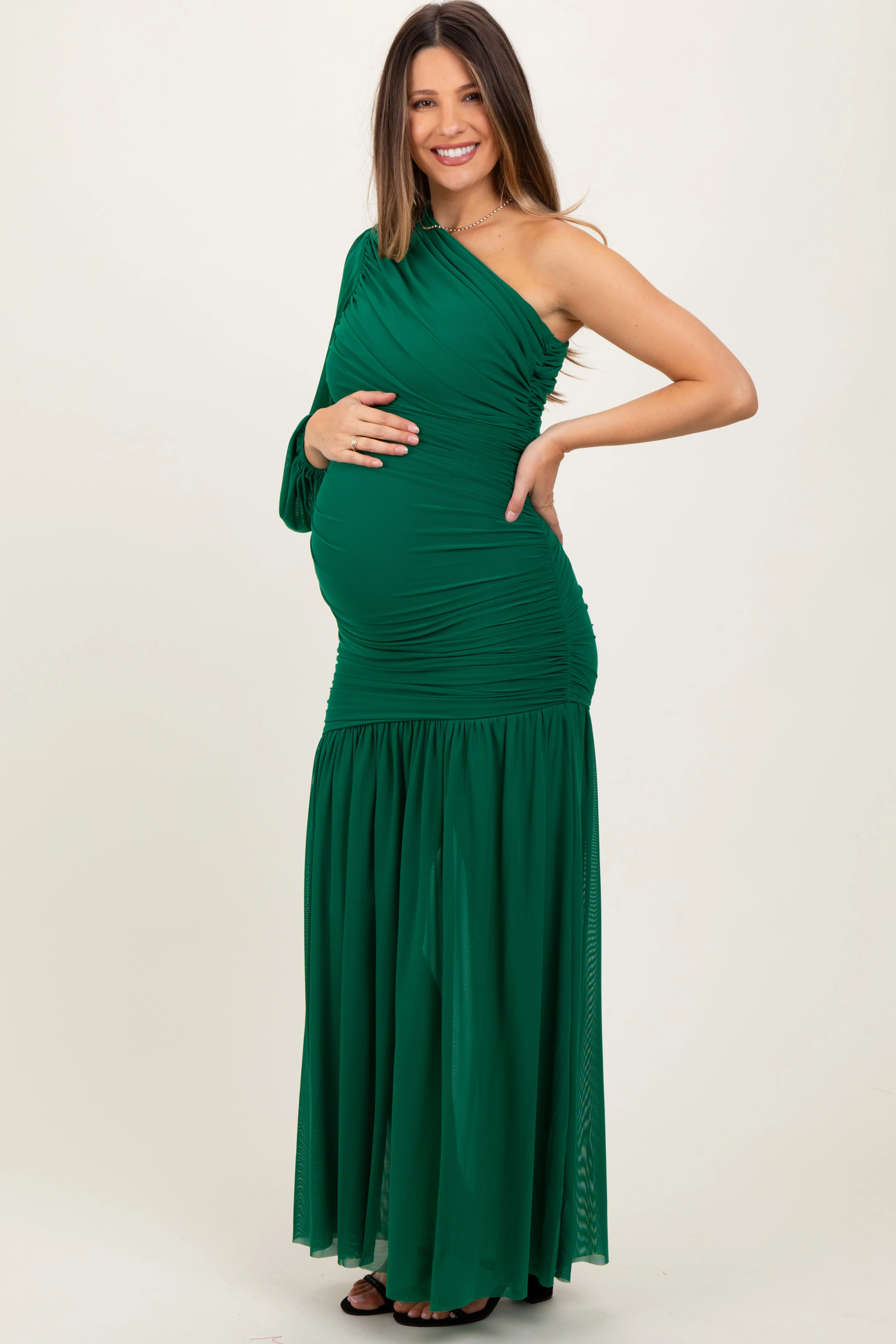 Forest Green Ruched Mesh One Shoulder Asymmetric Maternity Maxi Dress sold by Pinkblush product image thumbnail 3