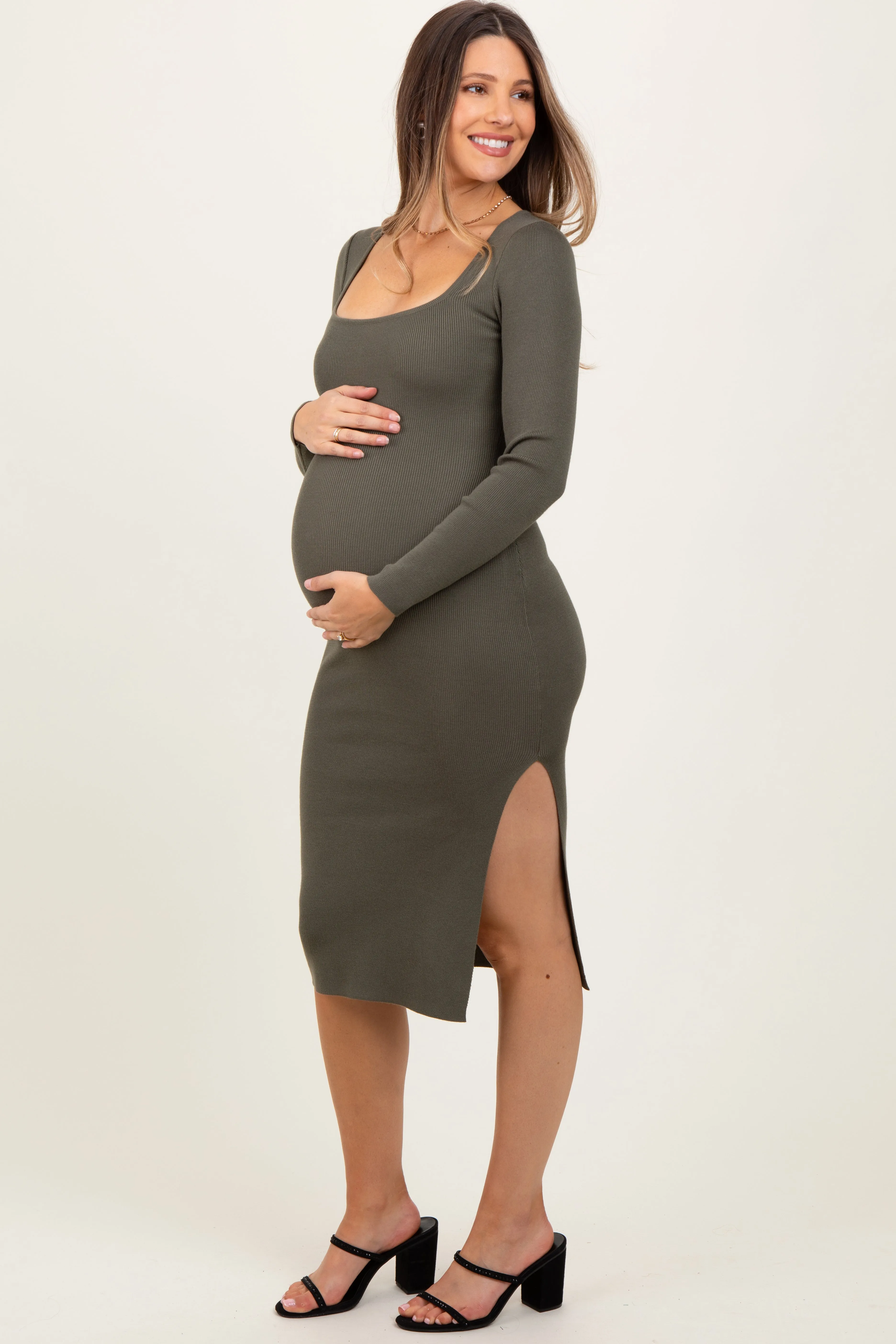 Olive Knit Square Neck Side Slit Maternity Midi Dress sold by Pinkblush product image thumbnail 3