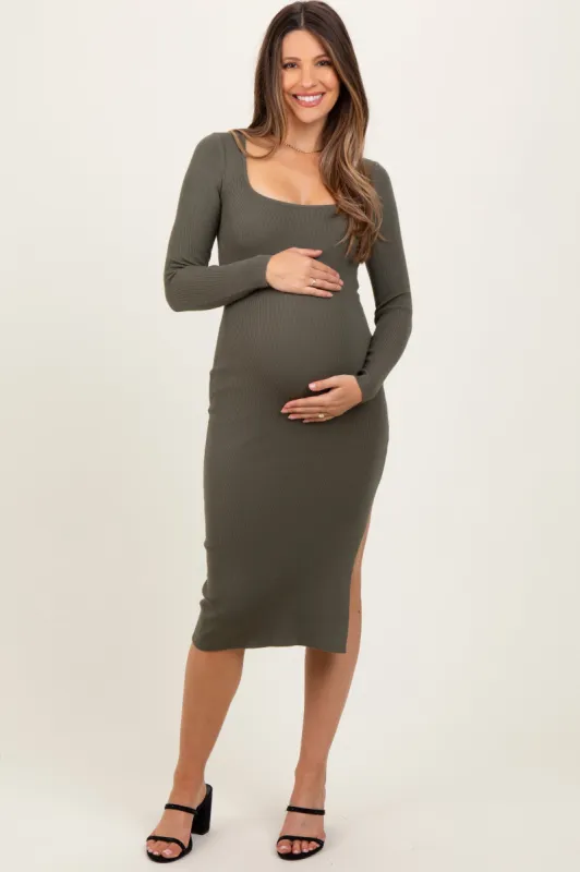 Olive Knit Square Neck Side Slit Maternity Midi Dress sold by Pinkblush