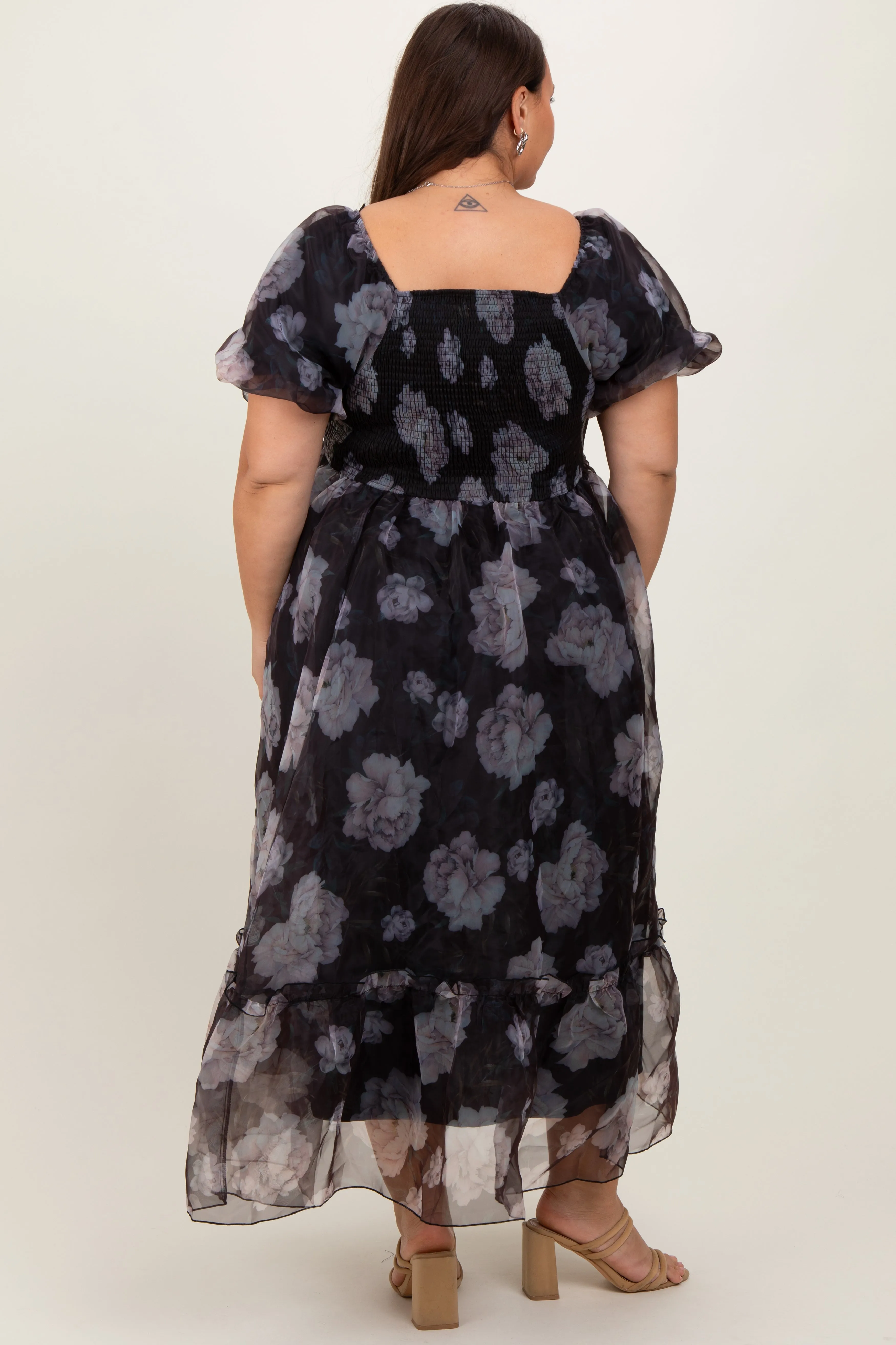 Black Floral Organza Square Neck Plus Midi Dress sold by Pinkblush product image thumbnail 4
