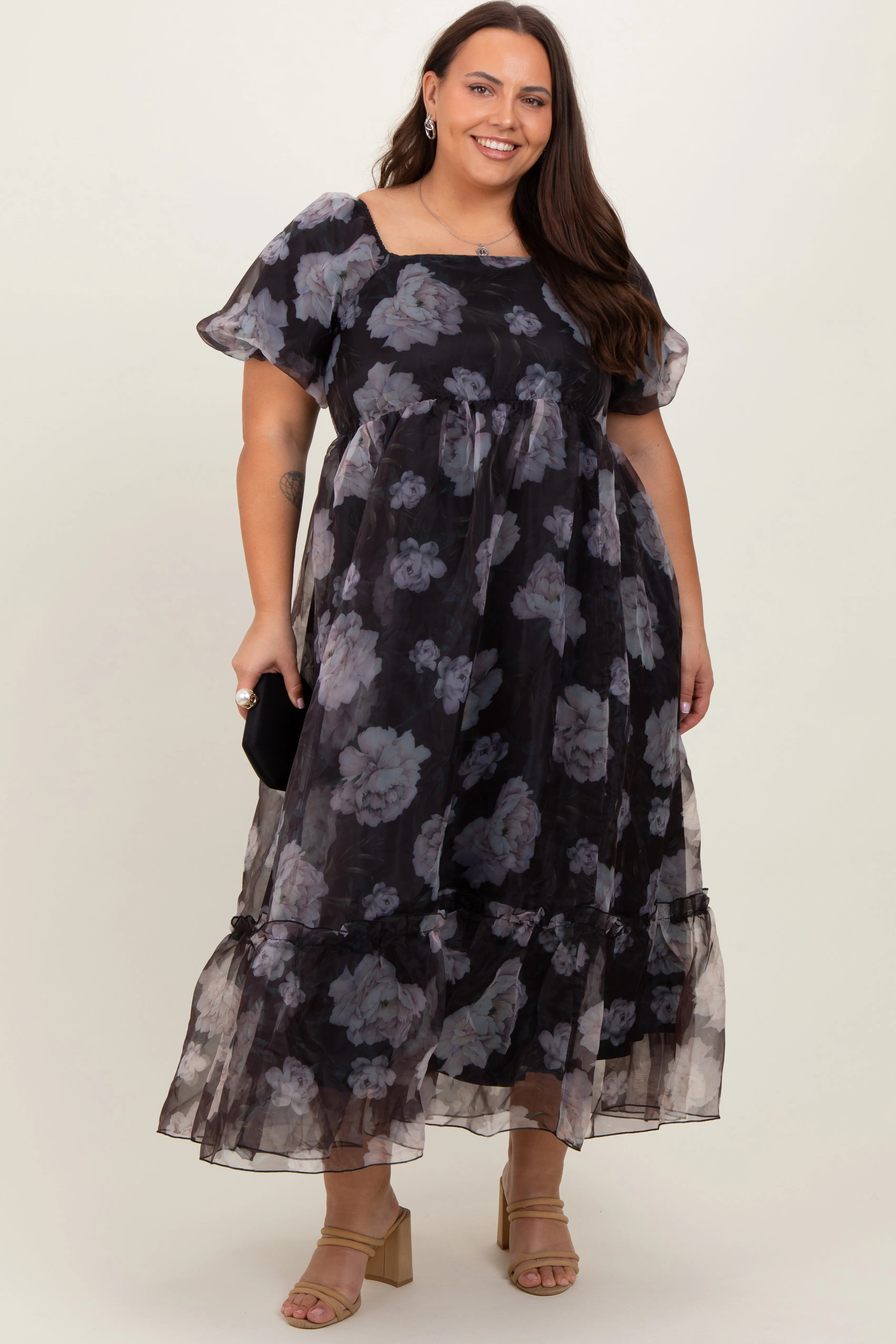 Black Floral Organza Square Neck Plus Midi Dress sold by Pinkblush