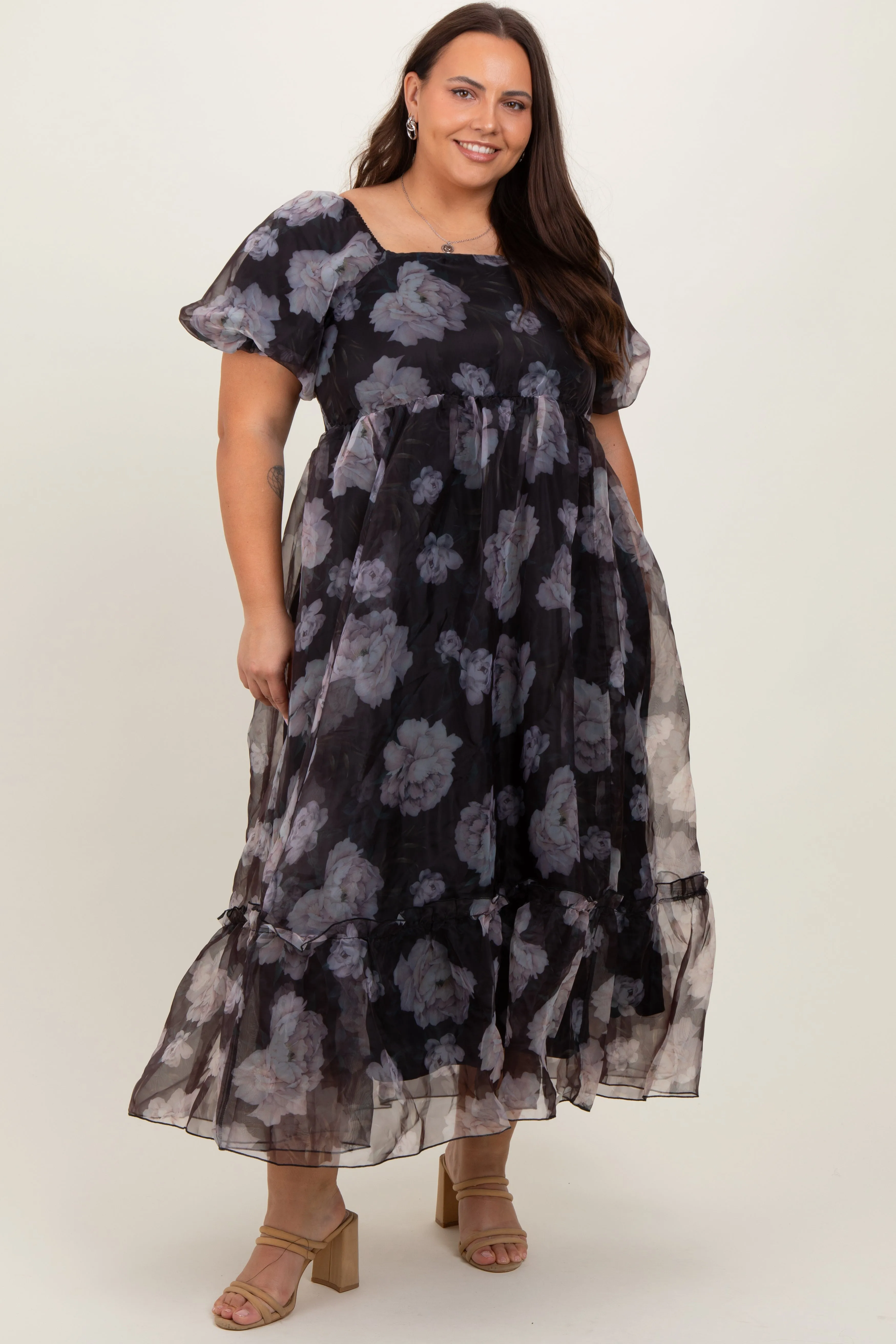 Black Floral Organza Square Neck Plus Midi Dress sold by Pinkblush product image thumbnail 2