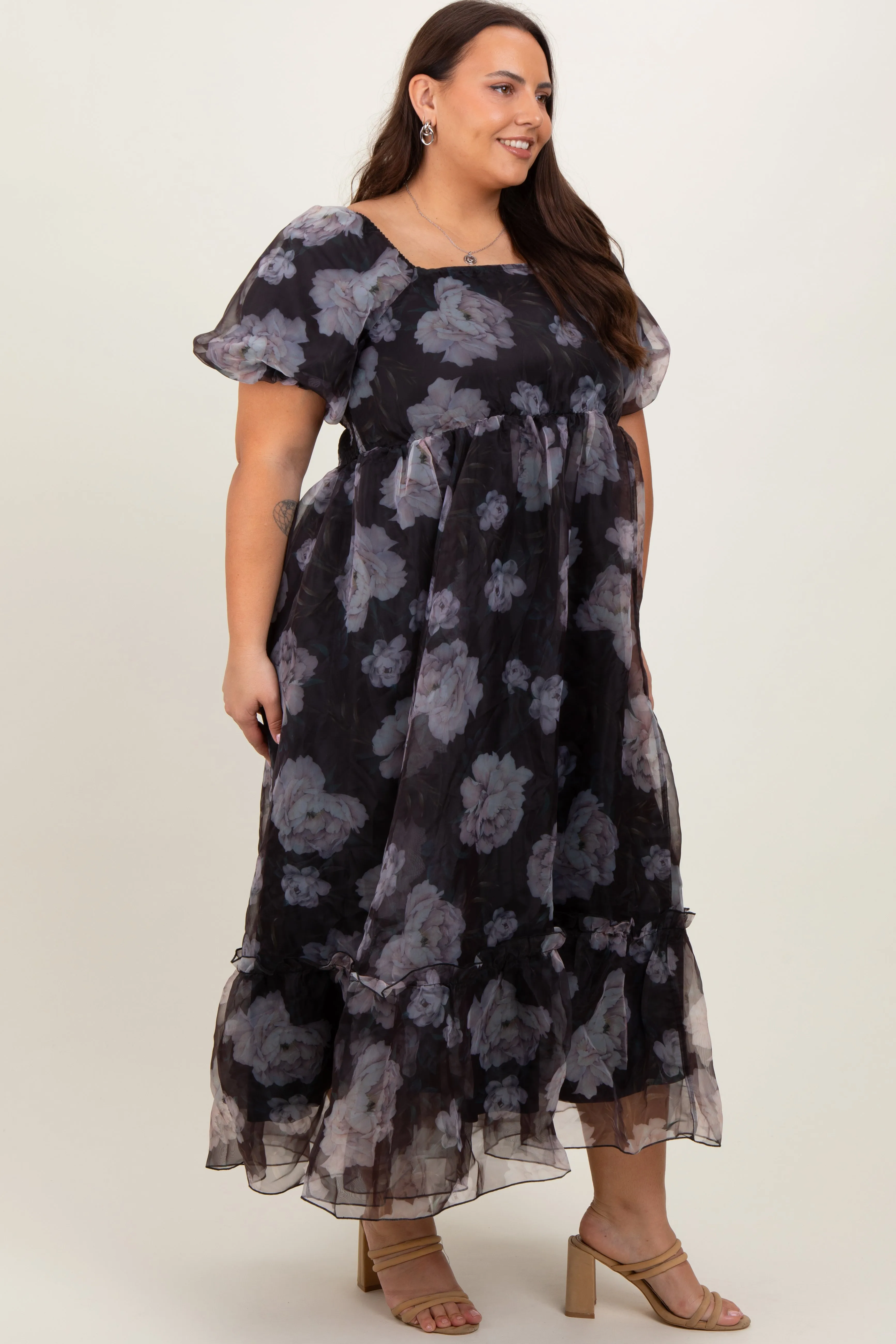 Black Floral Organza Square Neck Plus Midi Dress sold by Pinkblush product image thumbnail 3