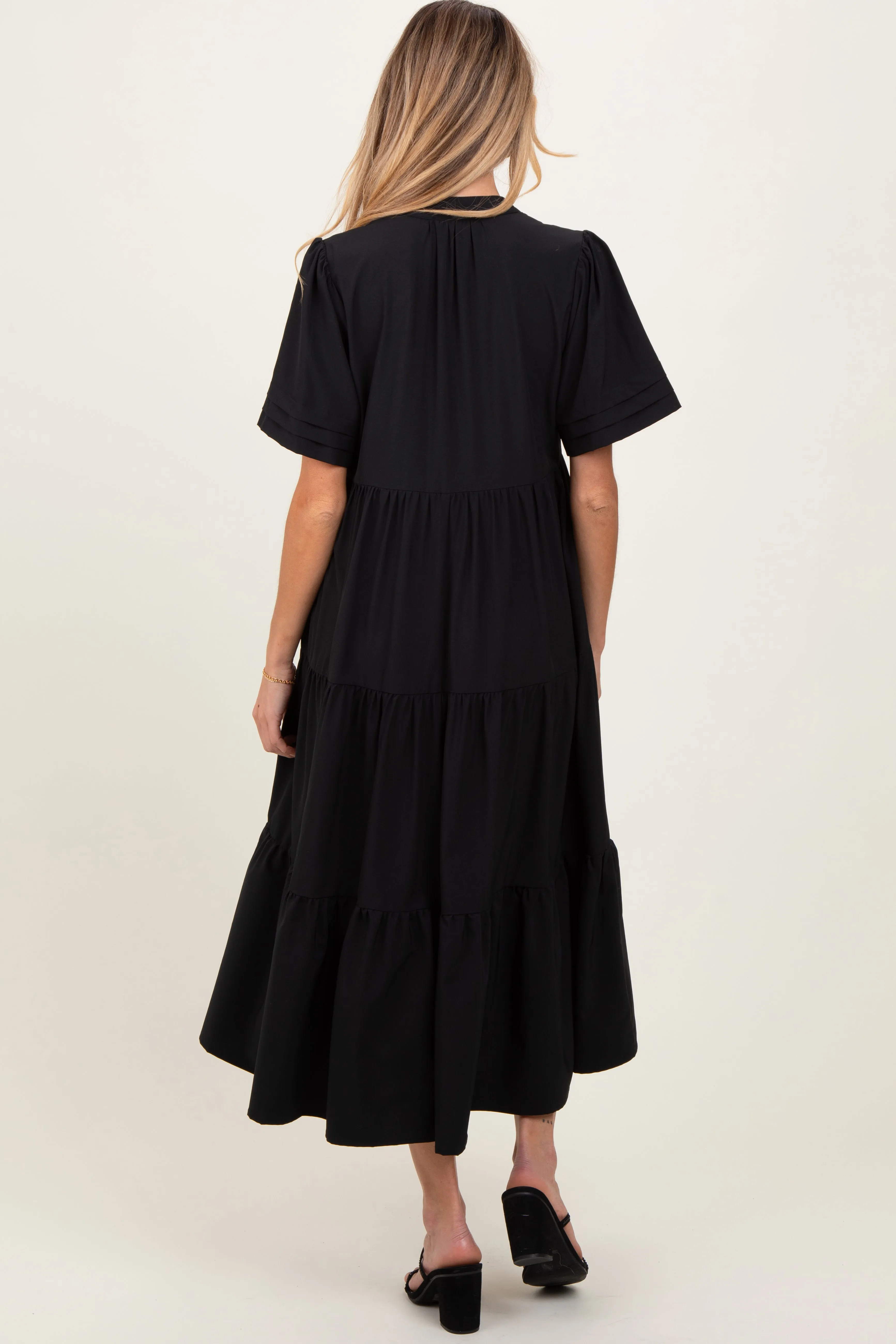 Black V-Neck Tiered Maternity Midi Dress sold by Pinkblush product image thumbnail 4