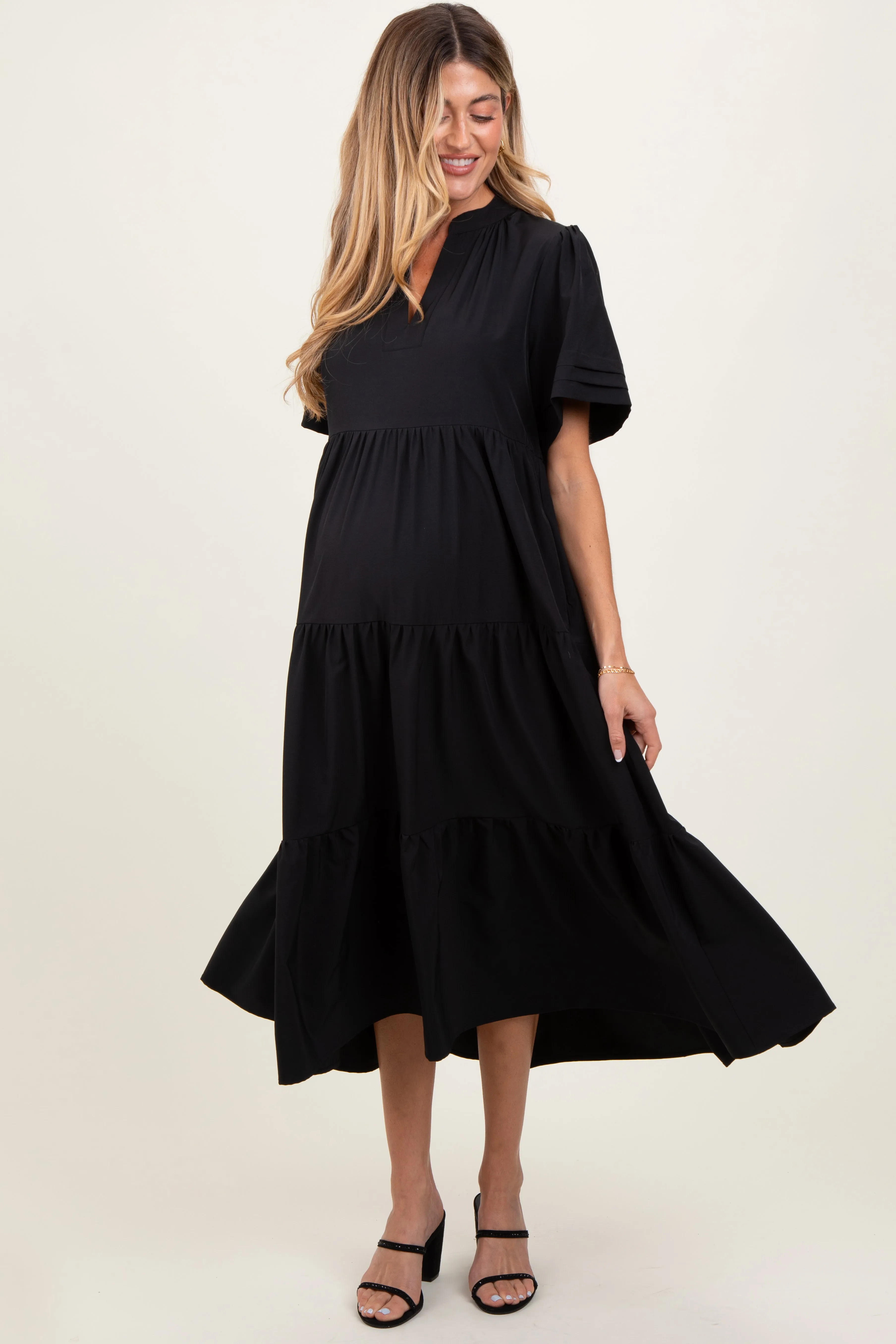 Black V-Neck Tiered Maternity Midi Dress sold by Pinkblush
