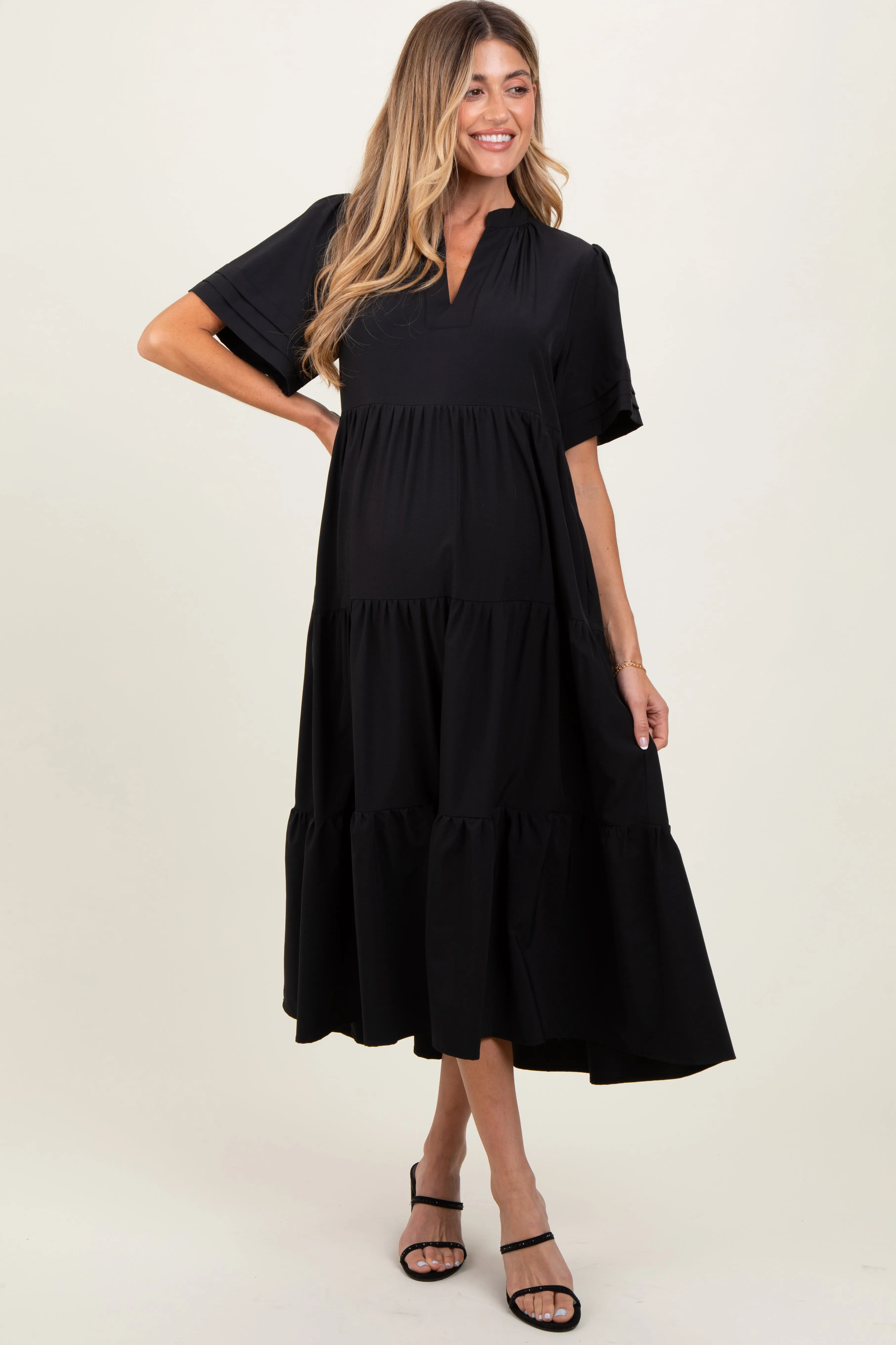 Black V-Neck Tiered Maternity Midi Dress sold by Pinkblush product image thumbnail 2