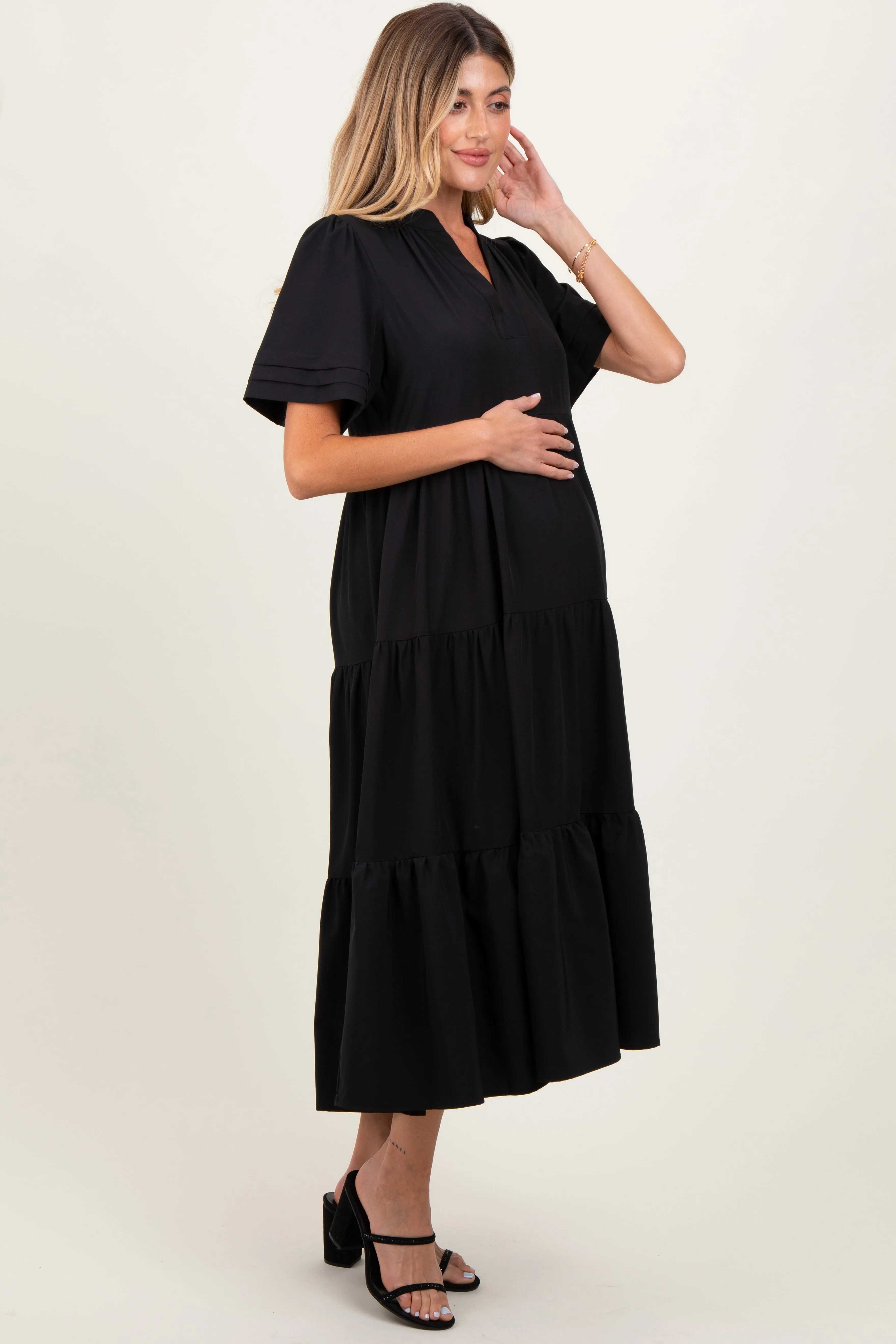 Black V-Neck Tiered Maternity Midi Dress sold by Pinkblush product image thumbnail 3