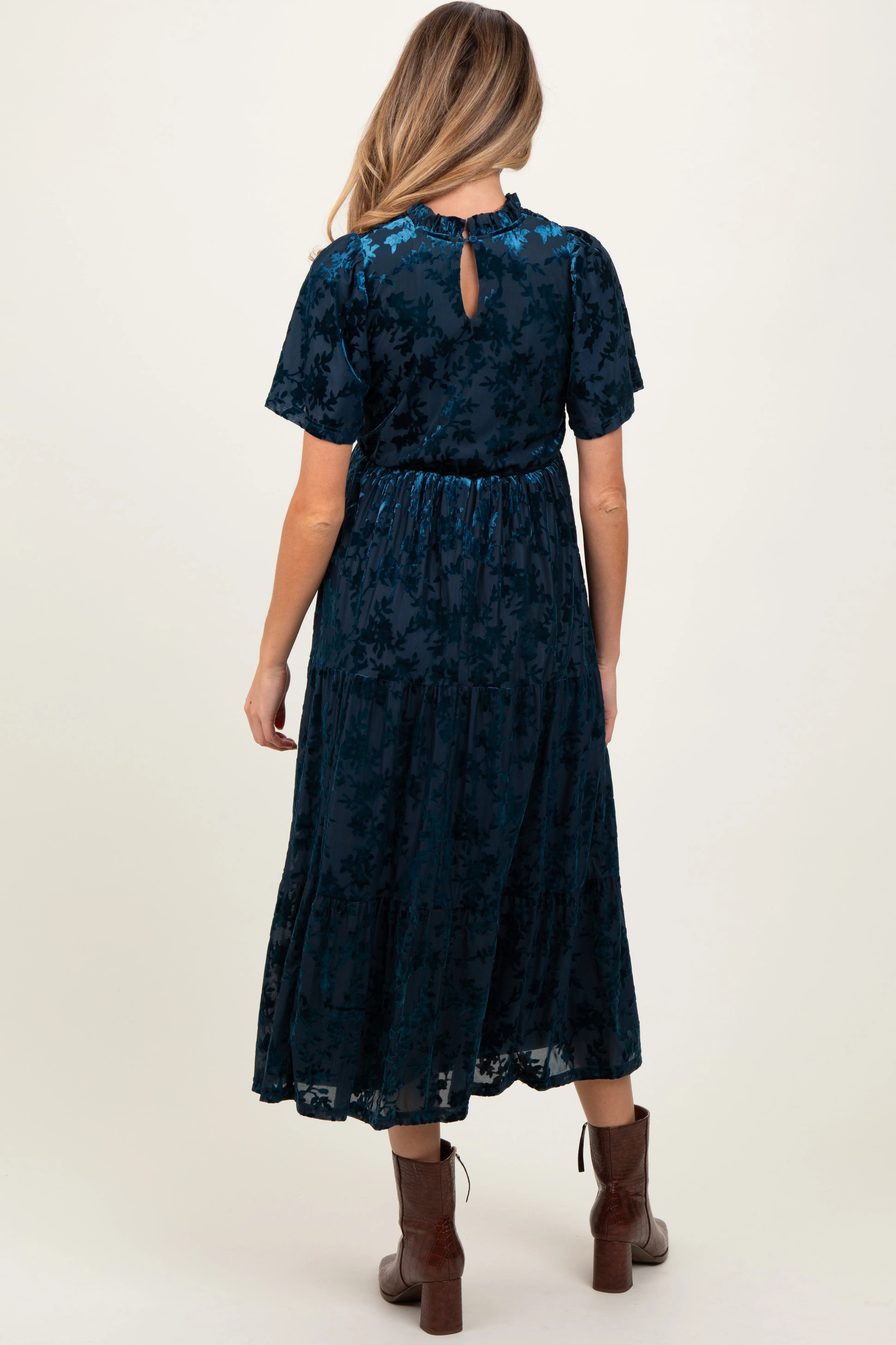 Navy Floral Velvet Print Smocked Maternity Midi Dress sold by Pinkblush product image thumbnail 3