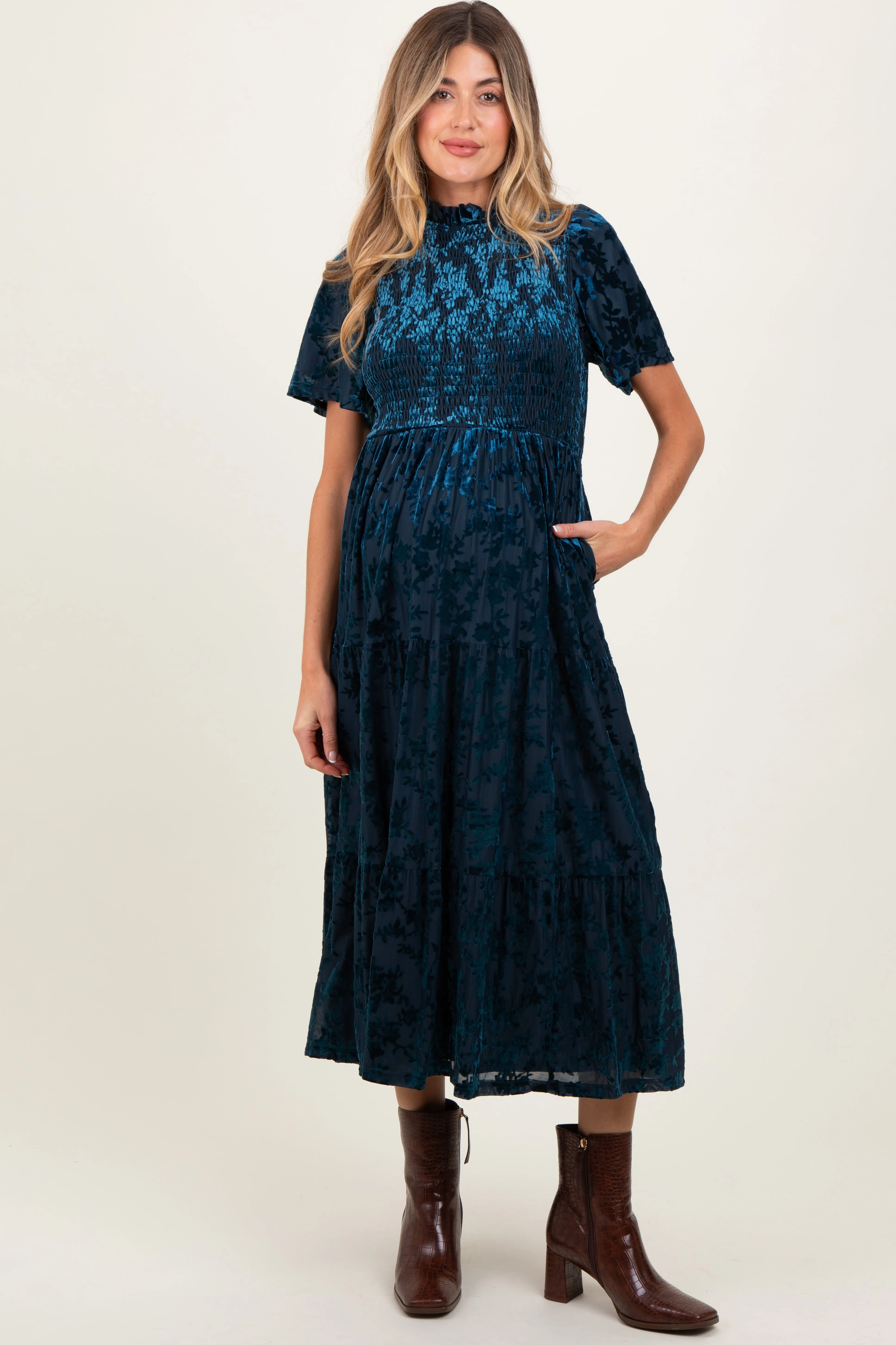 Navy Floral Velvet Print Smocked Maternity Midi Dress sold by Pinkblush