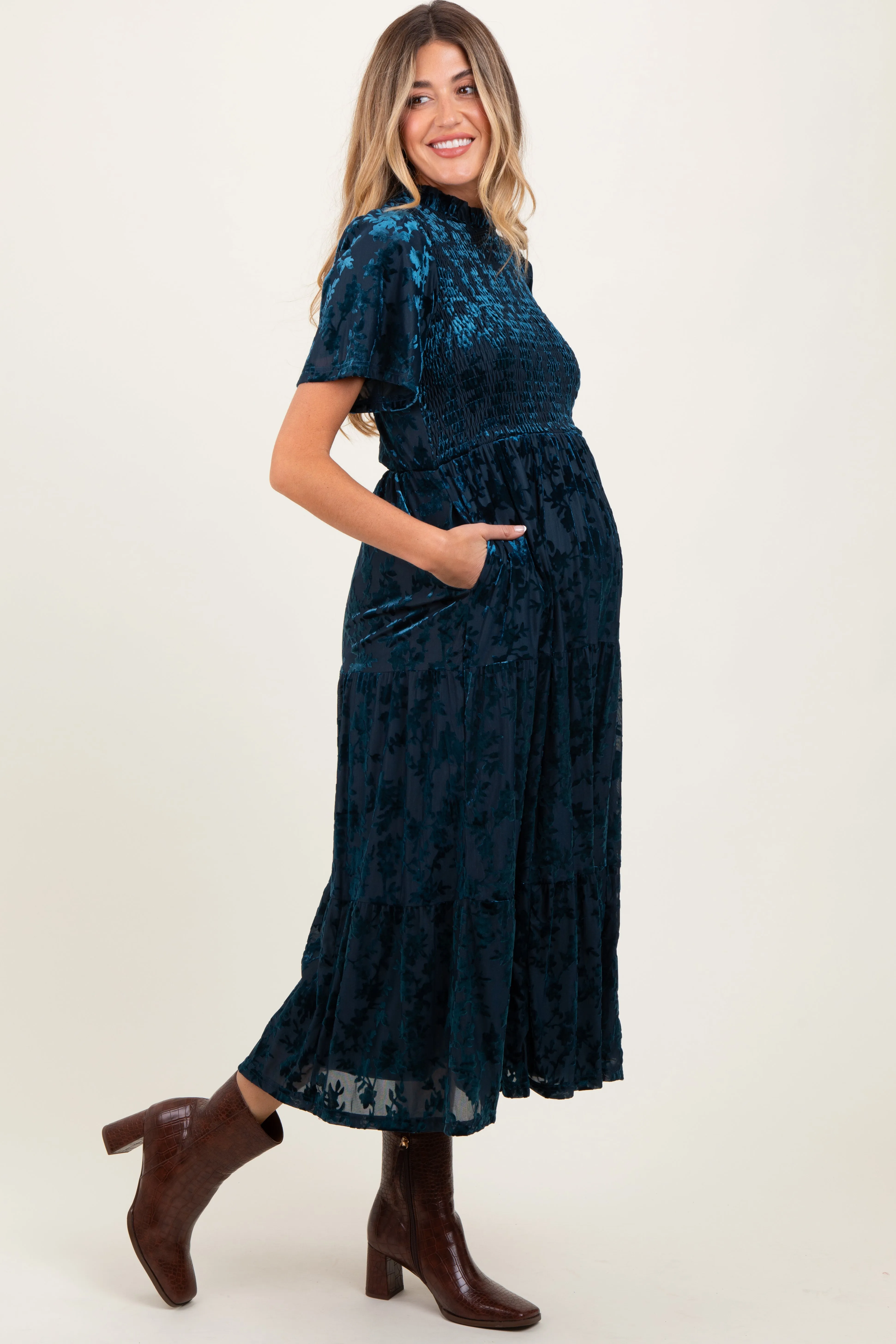 Navy Floral Velvet Print Smocked Maternity Midi Dress sold by Pinkblush product image thumbnail 2