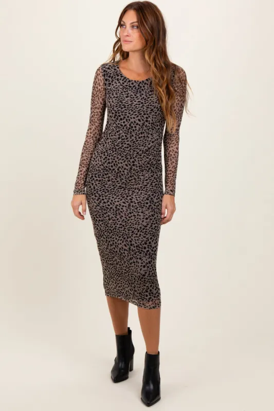 Black Leopard Print Mesh Long Sleeve Midi Dress sold by Pinkblush