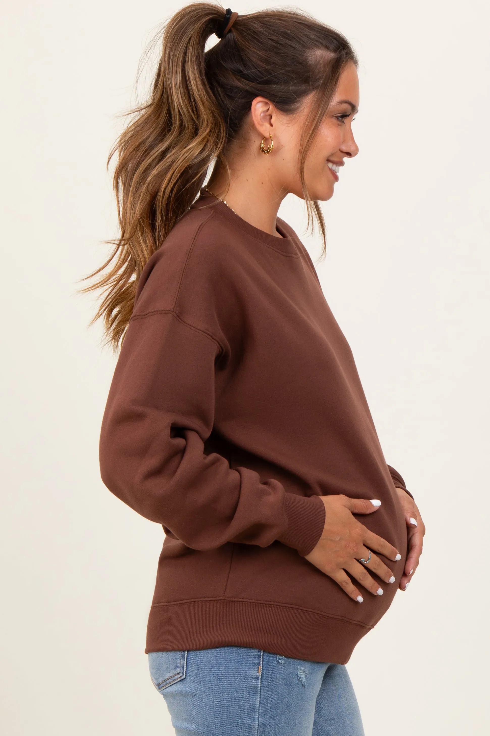 Brown Fleece Crew Neck Relaxed Fit Maternity Sweatshirt sold by Pinkblush product image thumbnail 3